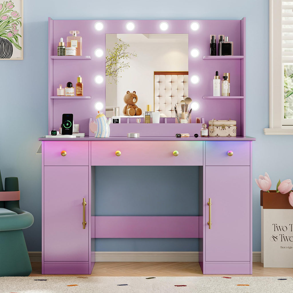 Vanity Desk with Mirror and Lights, 43'' Pink Makeup Dressing Table Set with 5 Drawers & Chair, Power Outlet, 3 Lighting Modes Adjustable Brightness & RGB LED for Women Girls Bedroom Bathroom