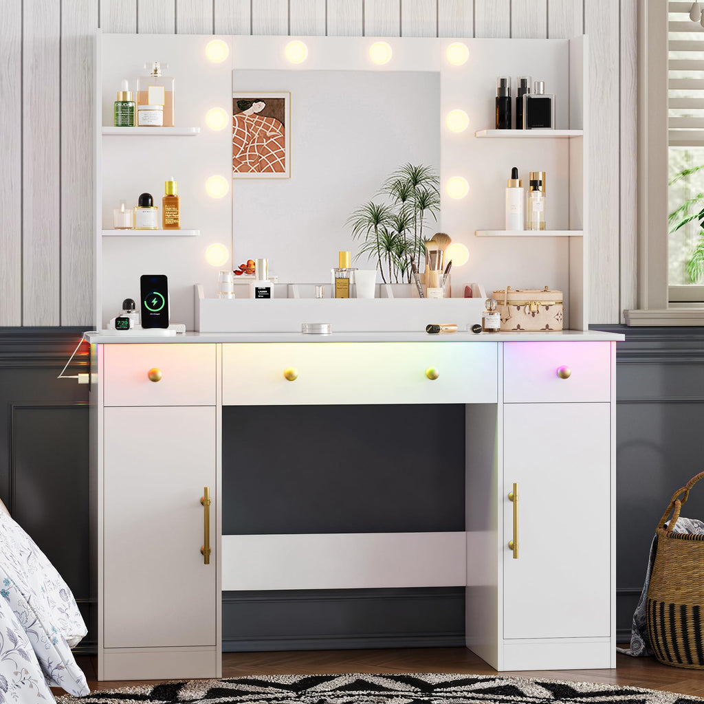 Vanity Desk with Mirror and Lights, 43'' Pink Makeup Dressing Table Set with 5 Drawers & Chair, Power Outlet, 3 Lighting Modes Adjustable Brightness & RGB LED for Women Girls Bedroom Bathroom