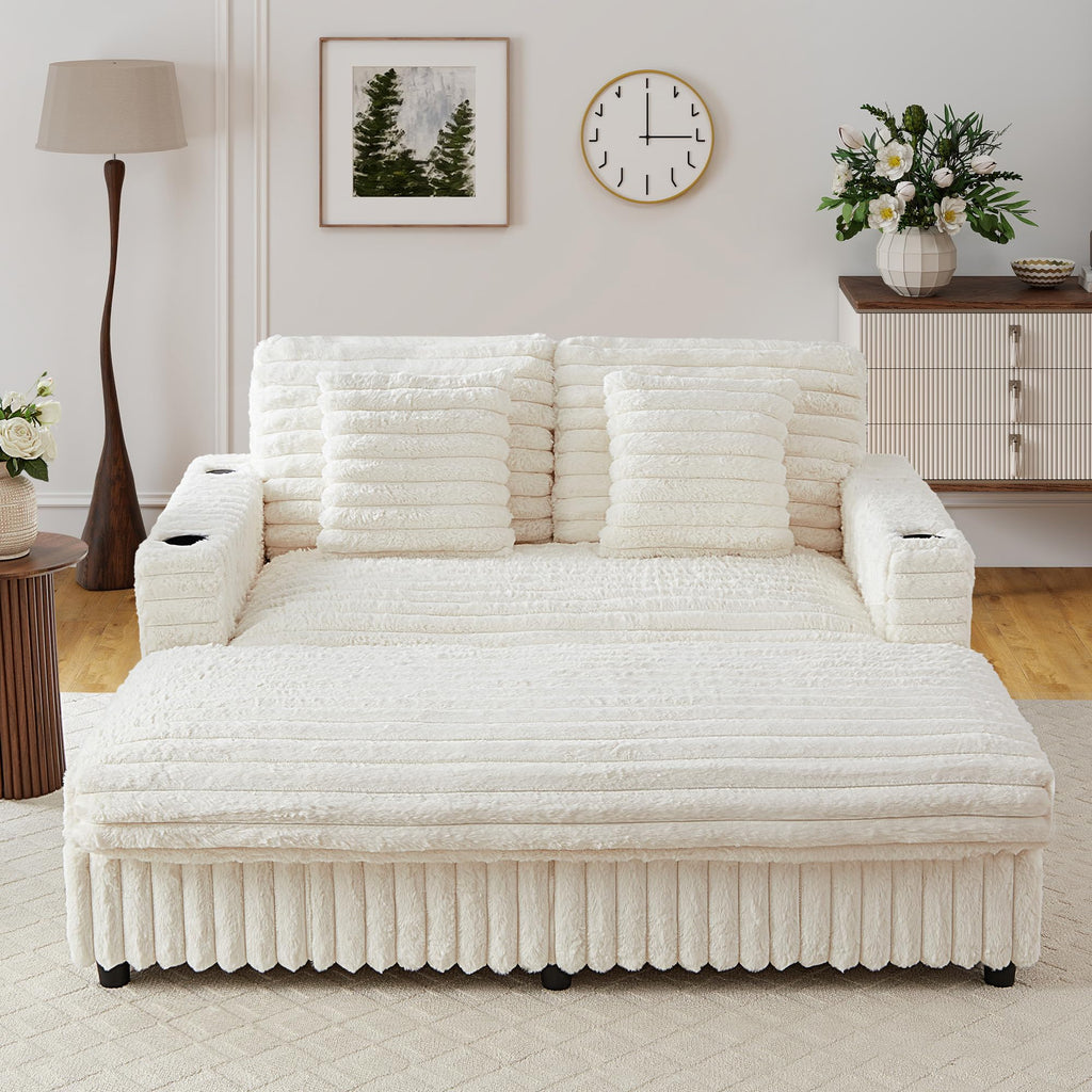 RARZOE 64'' Oversized Chaise Lounge Chair Indoor, Plush Faux Rabbit Fur Sleeper Sofa Bed with 4 Pillows, Charging Station & Cup Holders, Fluffy Comfy Cloud Couch Loveseat Sofa for Living Room,Pink