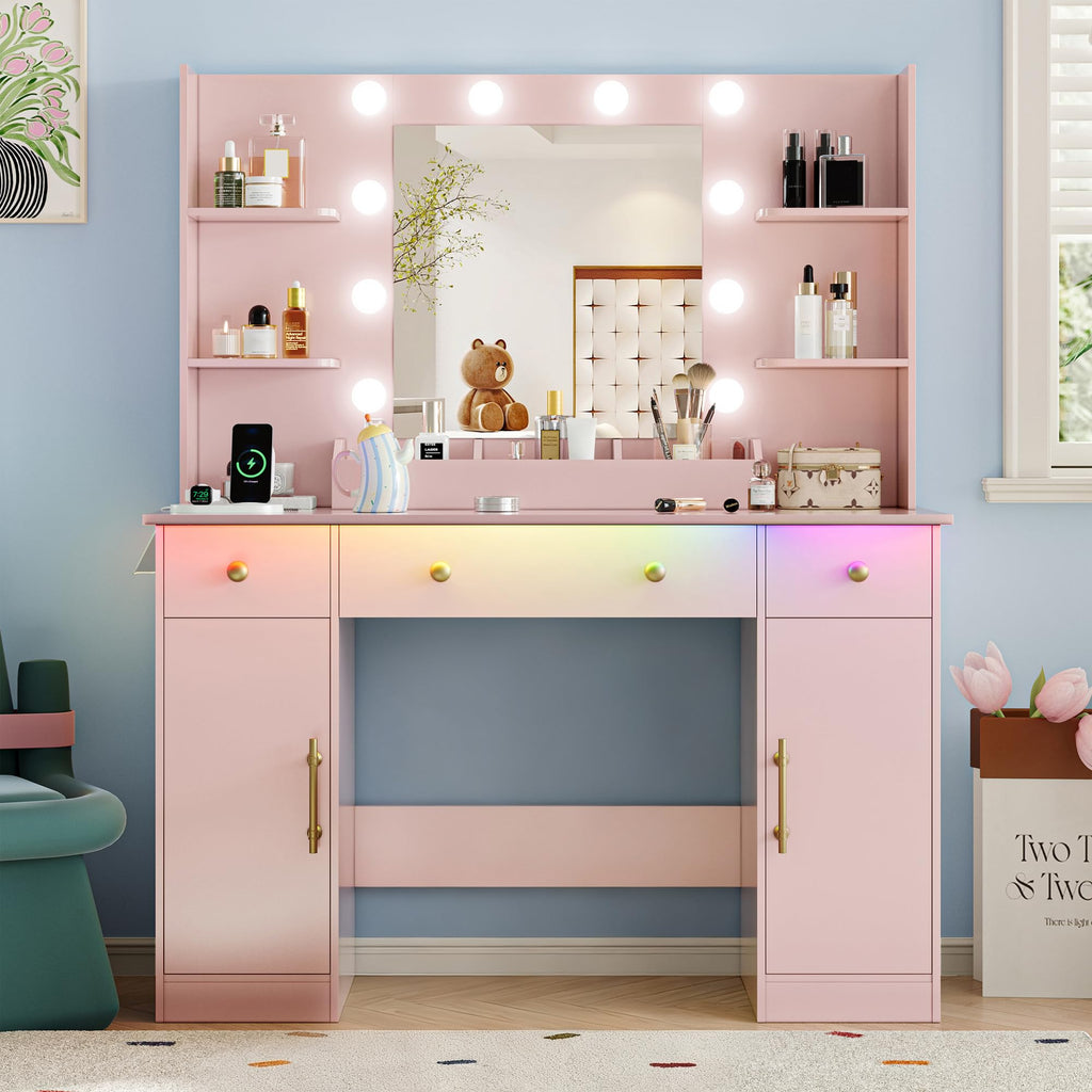 Vanity Desk with Mirror and Lights, 43'' Pink Makeup Dressing Table Set with 5 Drawers & Chair, Power Outlet, 3 Lighting Modes Adjustable Brightness & RGB LED for Women Girls Bedroom Bathroom