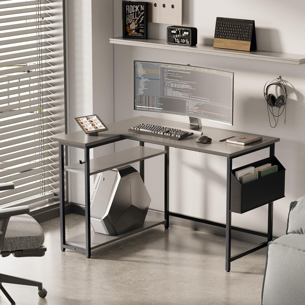 Pamray 43 Inch L Shaped Computer Desk with Reversible Side Storage Shelves, Small Corner Desk for Small Space Home Office,Writing Study Table PC Desk for Bedroom,Pink with White Leg