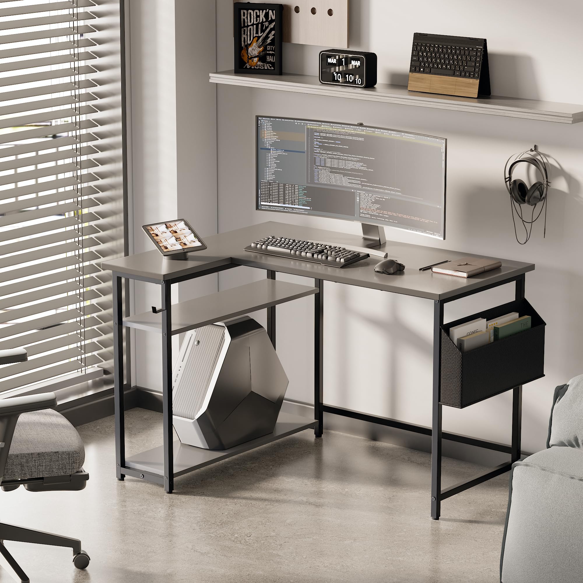 Pamray 43 Inch L Shaped Computer Desk with Reversible Side Storage Shelves, Small Corner Desk for Small Space Home Office,Writing Study Table PC Desk for Bedroom,Pink with White Leg