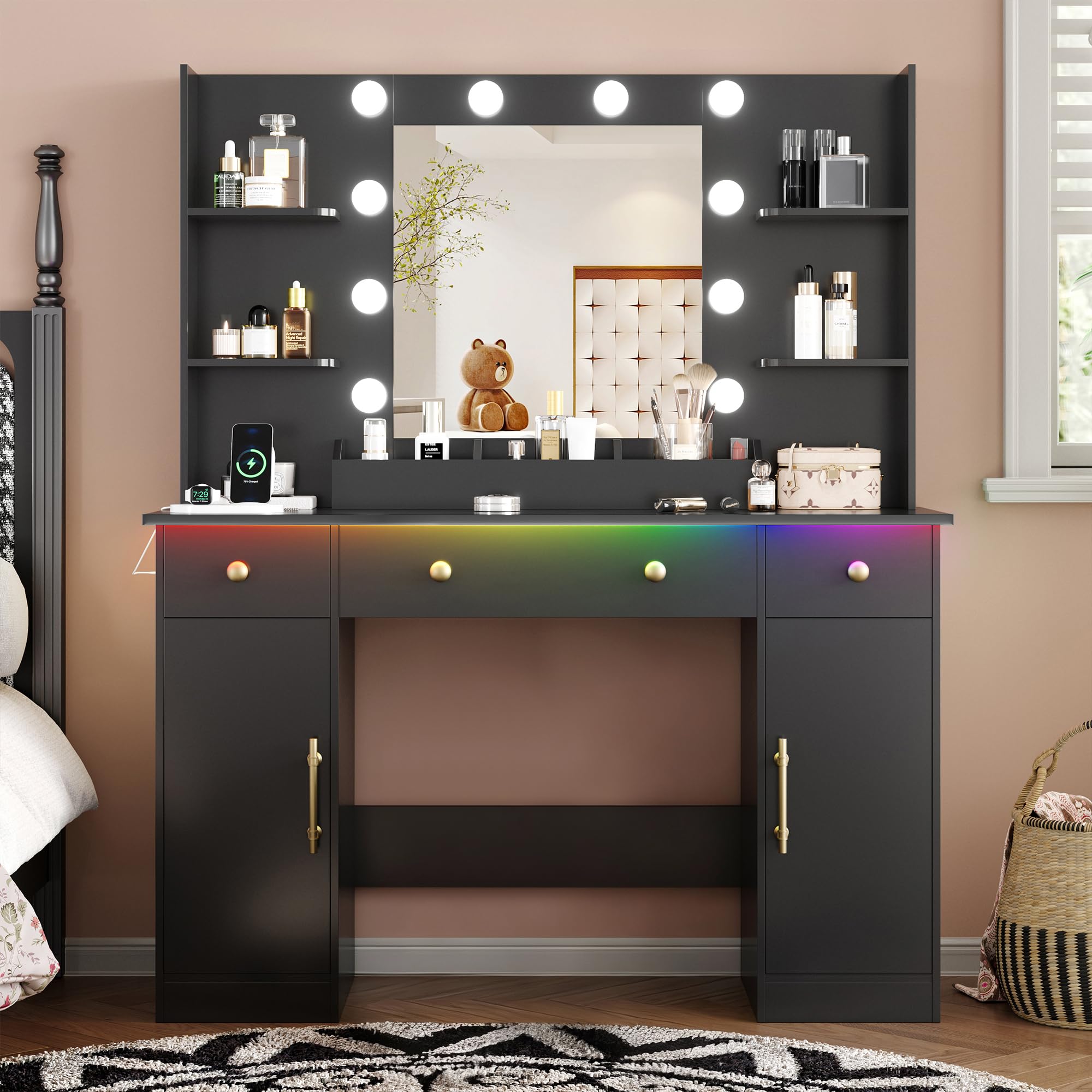 Vanity Desk with Mirror and Lights, 43'' Pink Makeup Dressing Table Set with 5 Drawers & Chair, Power Outlet, 3 Lighting Modes Adjustable Brightness & RGB LED for Women Girls Bedroom Bathroom