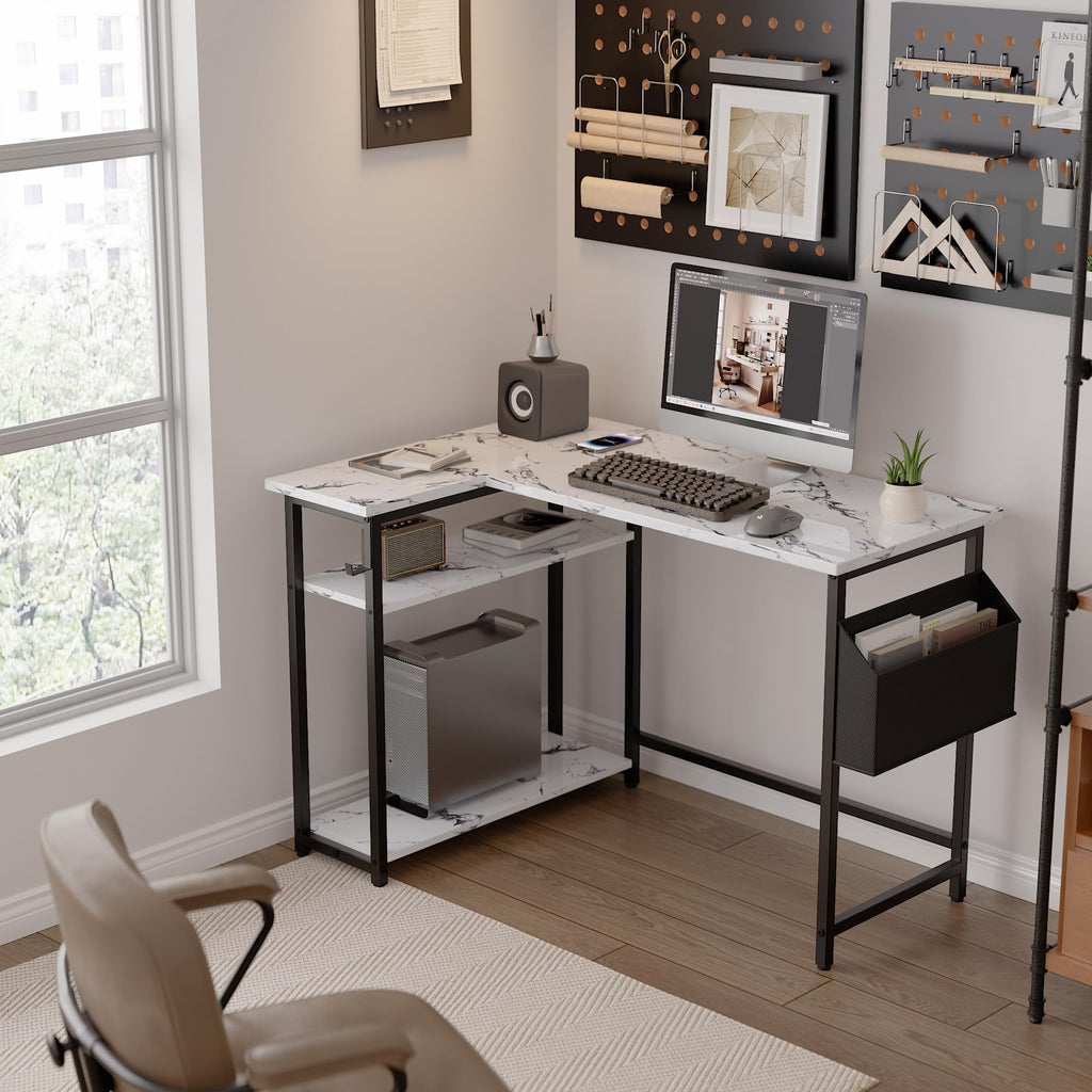 Pamray 43 Inch L Shaped Computer Desk with Reversible Side Storage Shelves, Small Corner Desk for Small Space Home Office,Writing Study Table PC Desk for Bedroom,Pink with White Leg