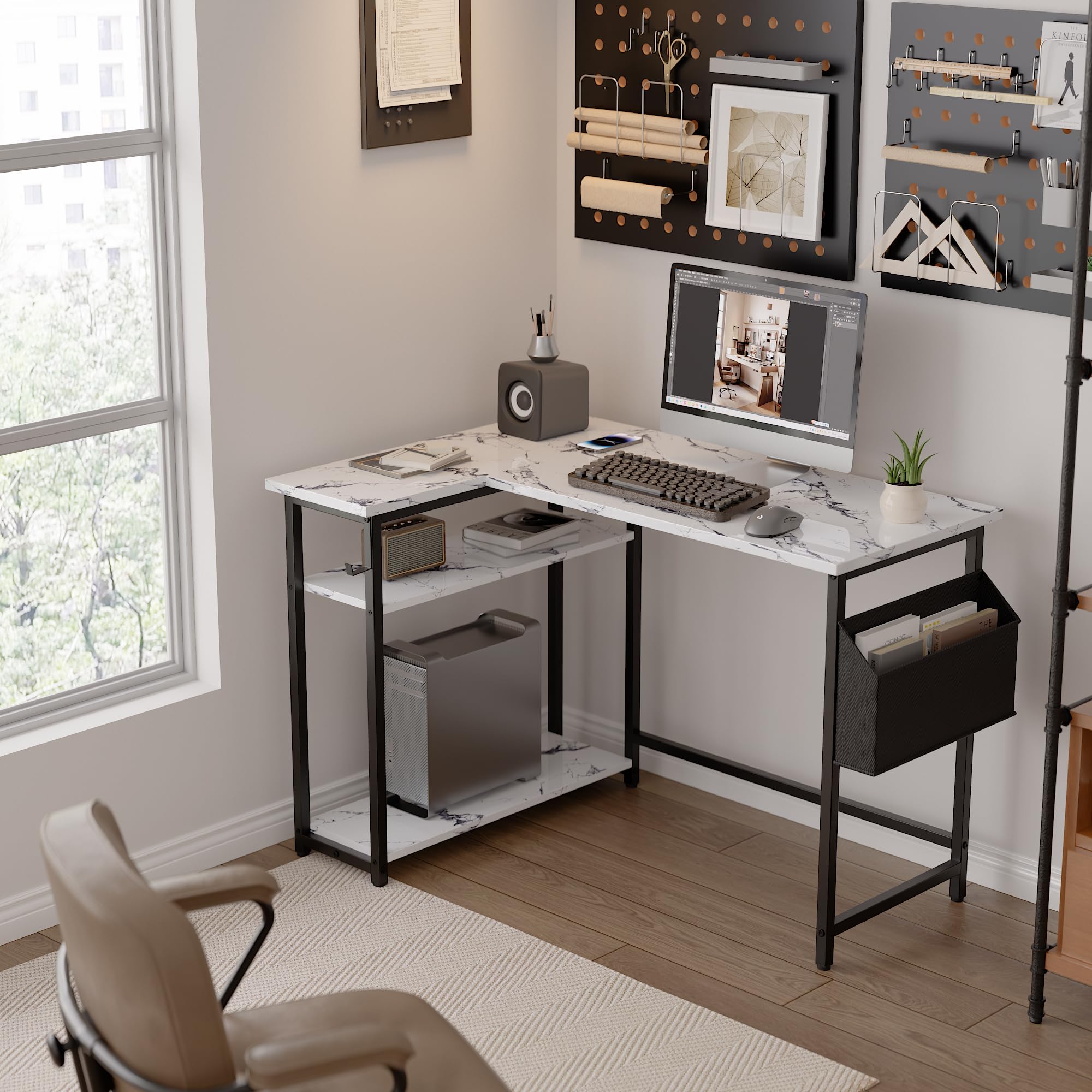 Pamray 43 Inch L Shaped Computer Desk with Reversible Side Storage Shelves, Small Corner Desk for Small Space Home Office,Writing Study Table PC Desk for Bedroom,Pink with White Leg