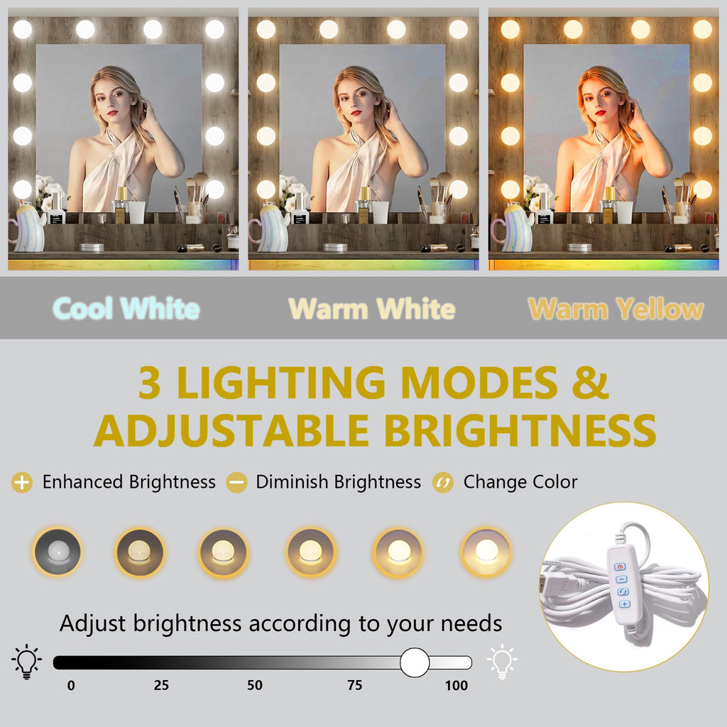 Vanity Desk with Mirror and Lights, 43'' Pink Makeup Dressing Table Set with 5 Drawers & Chair, Power Outlet, 3 Lighting Modes Adjustable Brightness & RGB LED for Women Girls Bedroom Bathroom