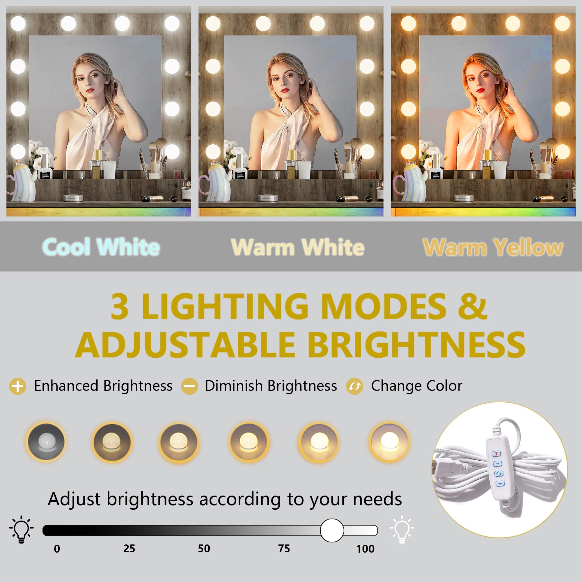 Vanity Desk with Mirror and Lights, 43'' Pink Makeup Dressing Table Set with 5 Drawers & Chair, Power Outlet, 3 Lighting Modes Adjustable Brightness & RGB LED for Women Girls Bedroom Bathroom