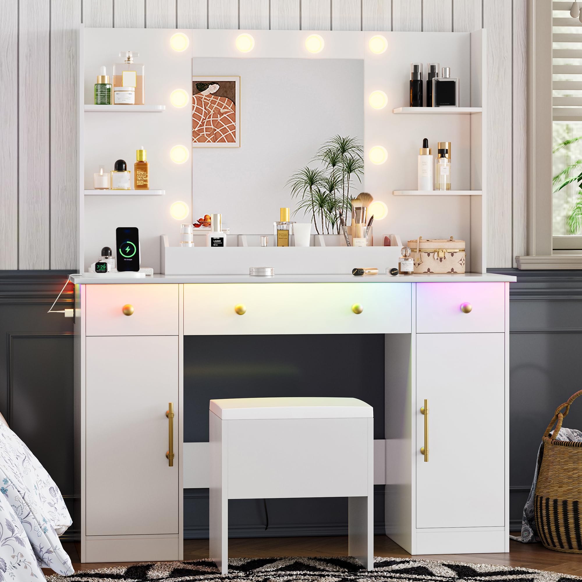 Vanity Desk with Mirror and Lights, 43'' Pink Makeup Dressing Table Set with 5 Drawers & Chair, Power Outlet, 3 Lighting Modes Adjustable Brightness & RGB LED for Women Girls Bedroom Bathroom