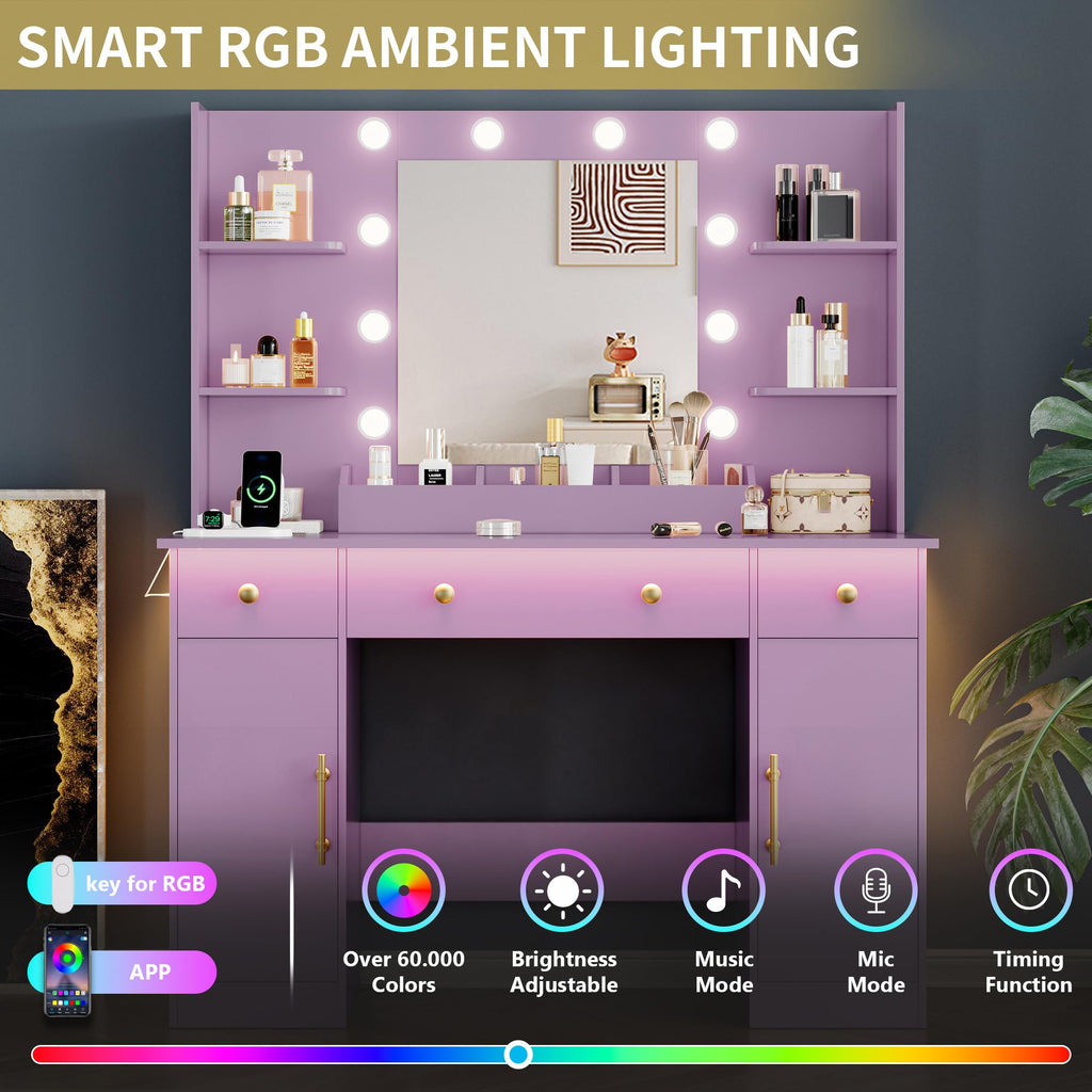 Vanity Desk with Mirror and Lights, 43'' Pink Makeup Dressing Table Set with 5 Drawers & Chair, Power Outlet, 3 Lighting Modes Adjustable Brightness & RGB LED for Women Girls Bedroom Bathroom
