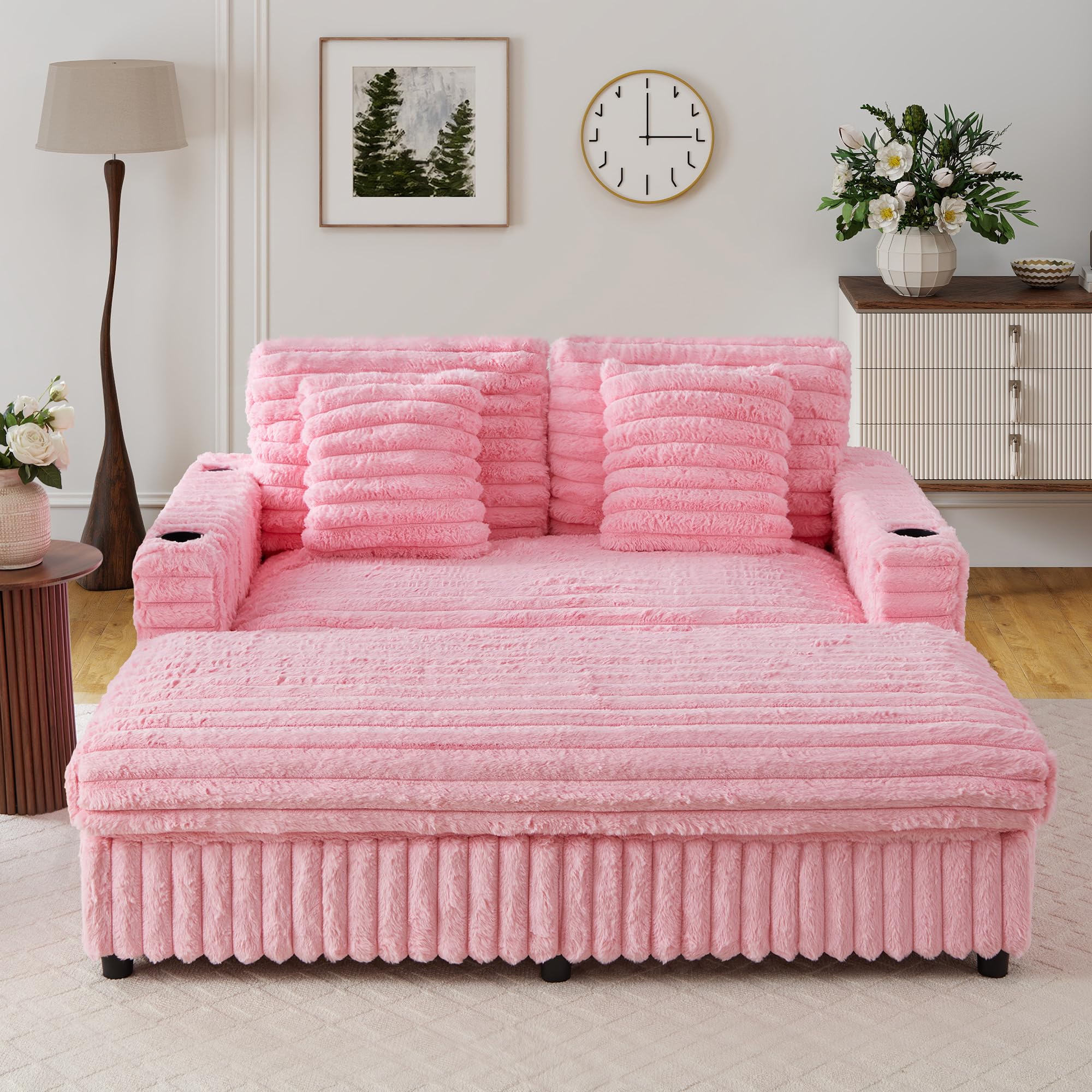 RARZOE 64'' Oversized Chaise Lounge Chair Indoor, Plush Faux Rabbit Fur Sleeper Sofa Bed with 4 Pillows, Charging Station & Cup Holders, Fluffy Comfy Cloud Couch Loveseat Sofa for Living Room,Pink