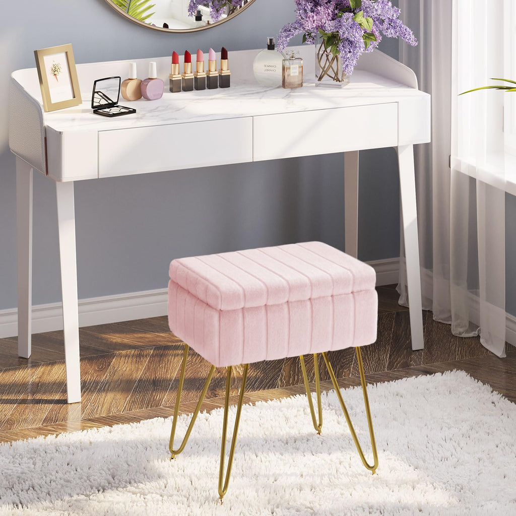 Greenstell Vanity Stool Chair Faux Fur with Storage, 15.7"L x 11.8"W x 19.4"H Soft Ottoman 4 Metal Legs with Anti-Slip Feet, Furry Padded Seat, Modern Multifunctional Chairs for Makeup, Bedroom Pink