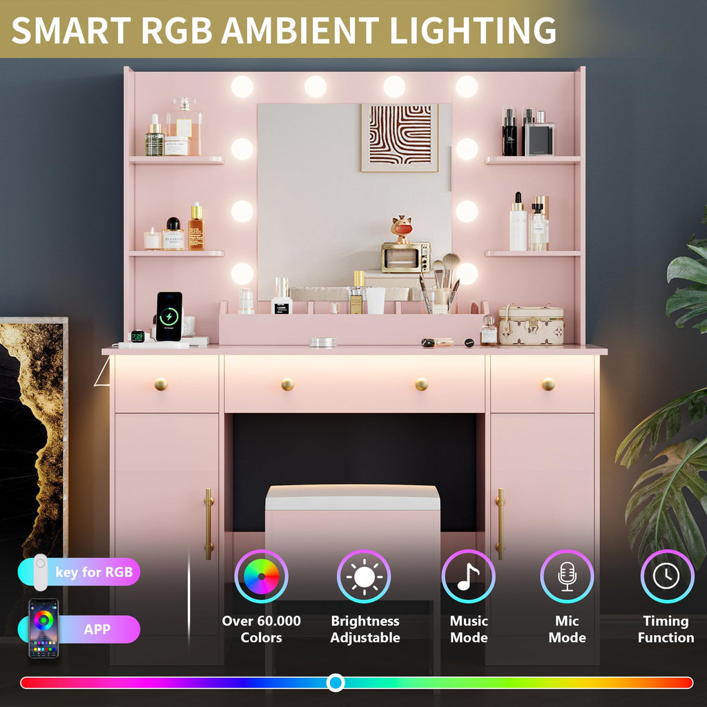 Vanity Desk with Mirror and Lights, 43'' Pink Makeup Dressing Table Set with 5 Drawers & Chair, Power Outlet, 3 Lighting Modes Adjustable Brightness & RGB LED for Women Girls Bedroom Bathroom