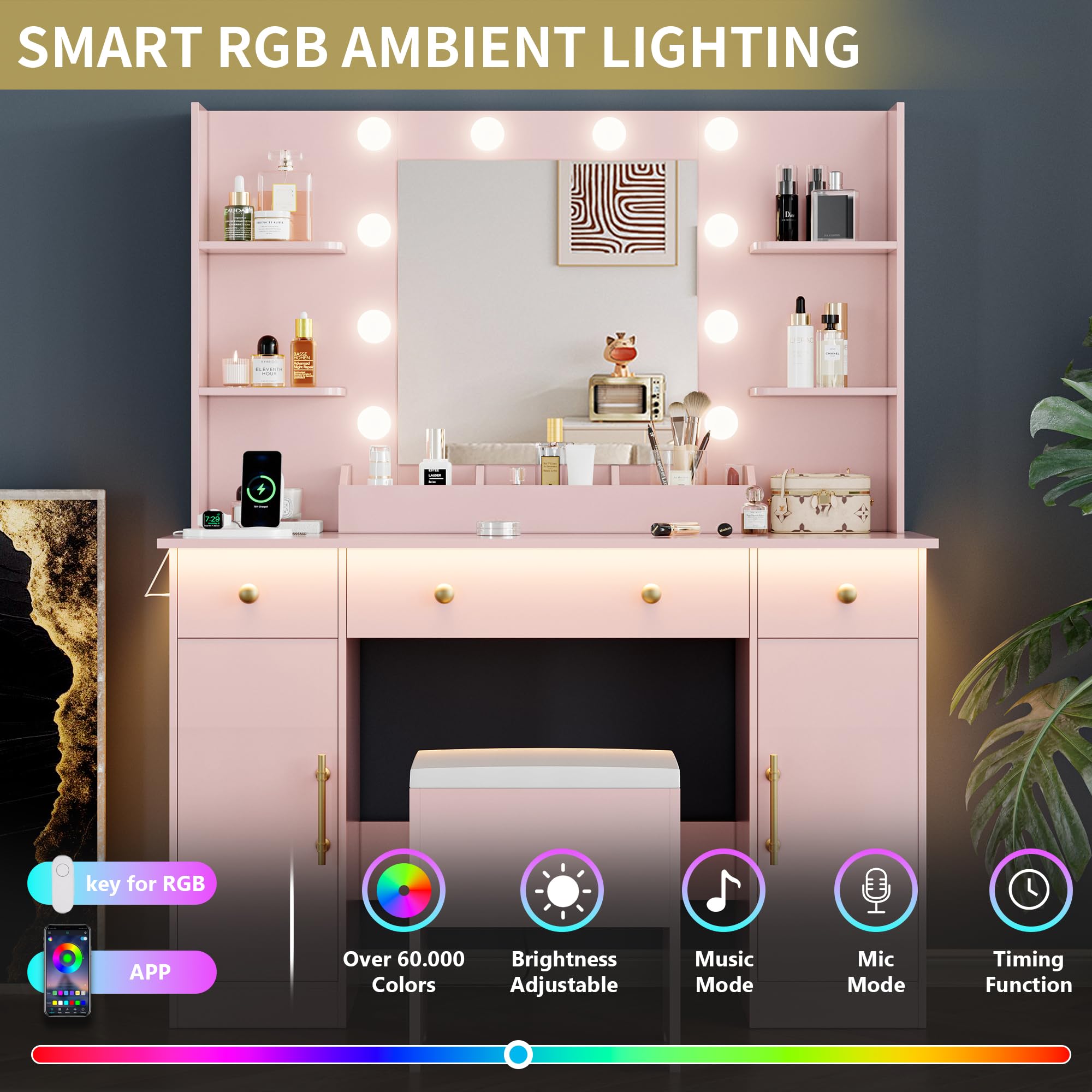 Vanity Desk with Mirror and Lights, 43'' Pink Makeup Dressing Table Set with 5 Drawers & Chair, Power Outlet, 3 Lighting Modes Adjustable Brightness & RGB LED for Women Girls Bedroom Bathroom