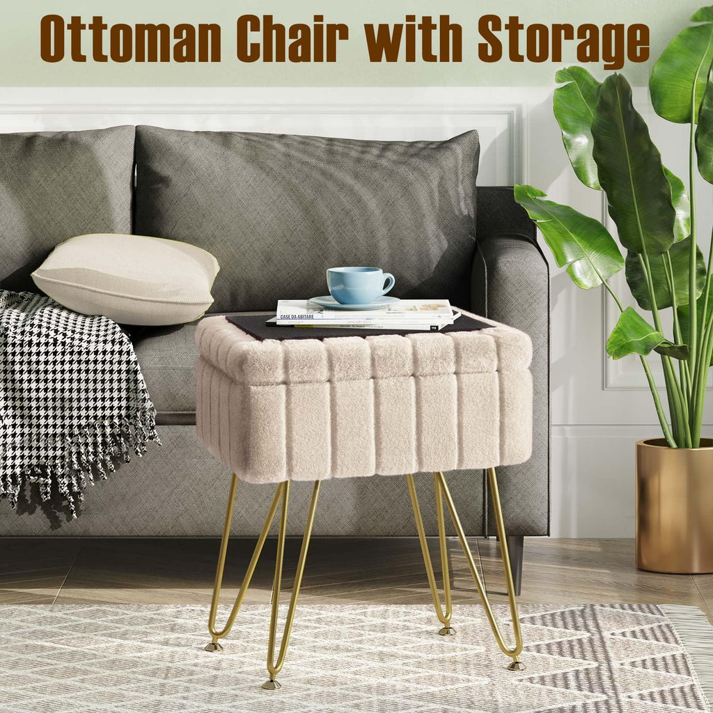 Greenstell Vanity Stool Chair Faux Fur with Storage, 15.7"L x 11.8"W x 19.4"H Soft Ottoman 4 Metal Legs with Anti-Slip Feet, Furry Padded Seat, Modern Multifunctional Chairs for Makeup, Bedroom Pink