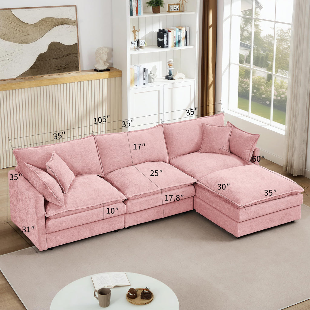 Pink Sectional Modular Sofa Cloud Couch, 105" Modern Convertible L-Shape Sofa Deep 3-Seater Soft Chenille Comfy Upholstered with Removeable Ottoman Set and Removable Cushions for Living Room