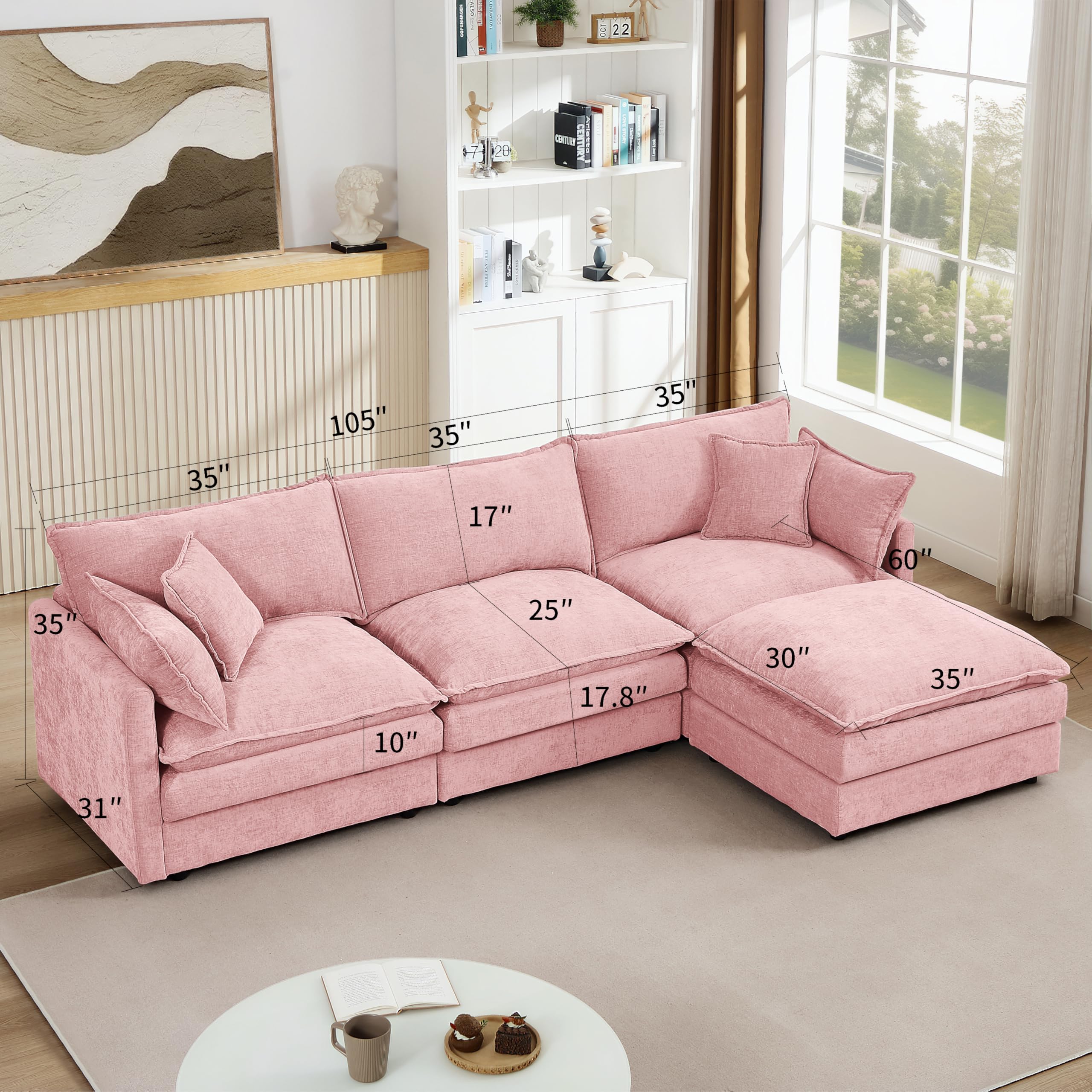 Pink Sectional Modular Sofa Cloud Couch, 105" Modern Convertible L-Shape Sofa Deep 3-Seater Soft Chenille Comfy Upholstered with Removeable Ottoman Set and Removable Cushions for Living Room