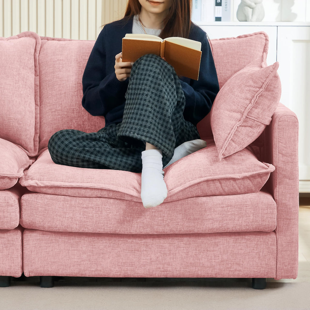 Pink Sectional Modular Sofa Cloud Couch, 105" Modern Convertible L-Shape Sofa Deep 3-Seater Soft Chenille Comfy Upholstered with Removeable Ottoman Set and Removable Cushions for Living Room