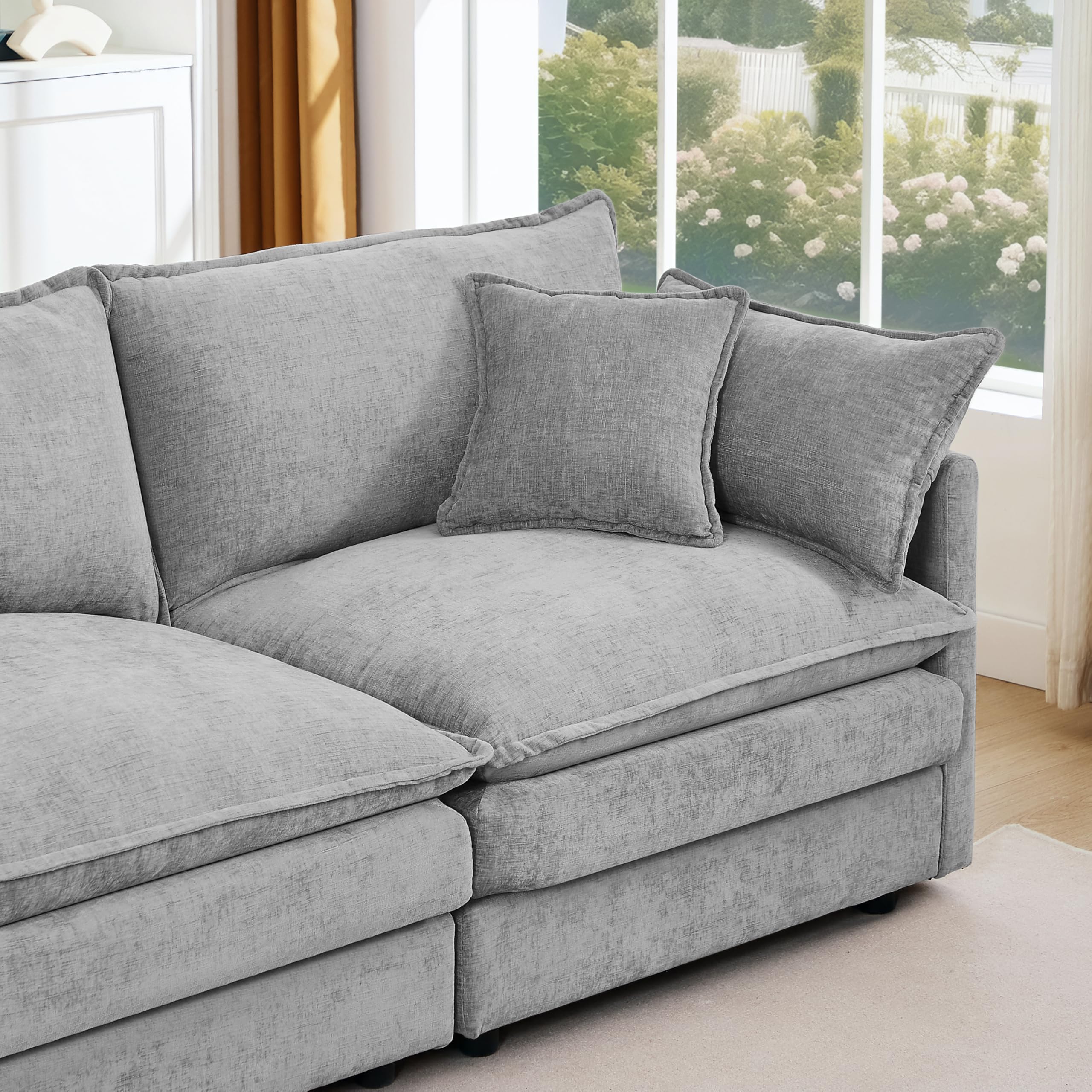 Pink Sectional Modular Sofa Cloud Couch, 105" Modern Convertible L-Shape Sofa Deep 3-Seater Soft Chenille Comfy Upholstered with Removeable Ottoman Set and Removable Cushions for Living Room