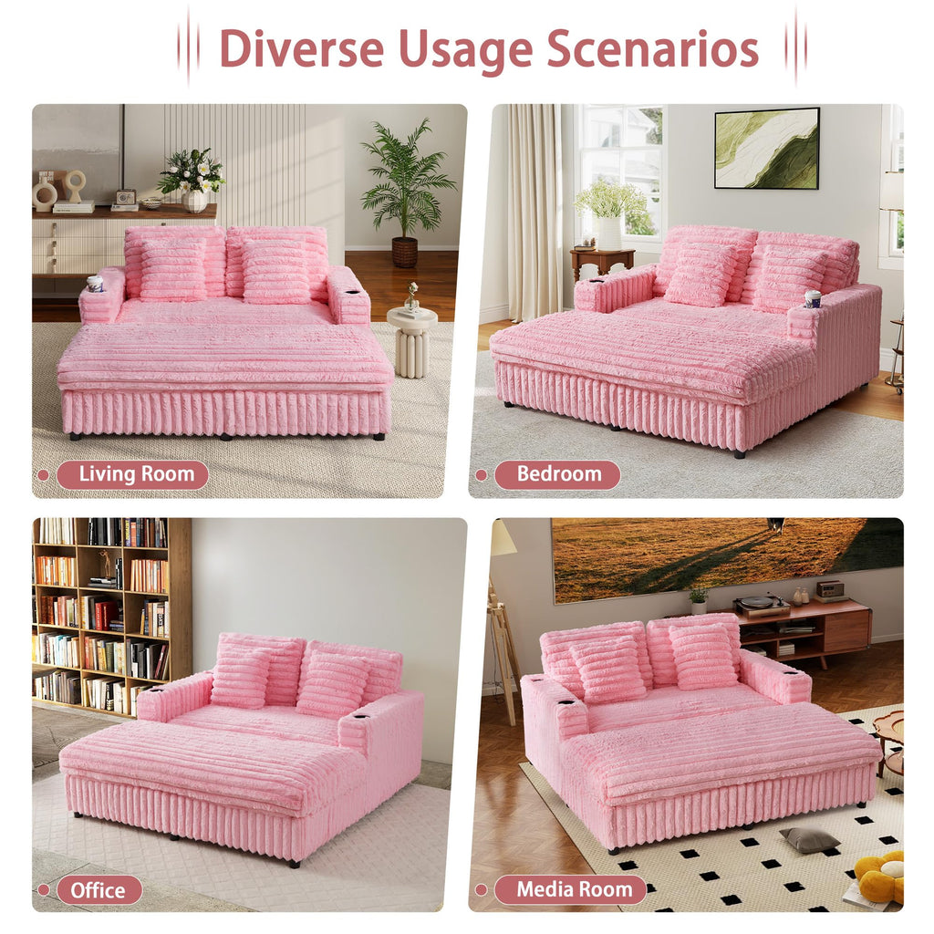 RARZOE 64'' Oversized Chaise Lounge Chair Indoor, Plush Faux Rabbit Fur Sleeper Sofa Bed with 4 Pillows, Charging Station & Cup Holders, Fluffy Comfy Cloud Couch Loveseat Sofa for Living Room,Pink