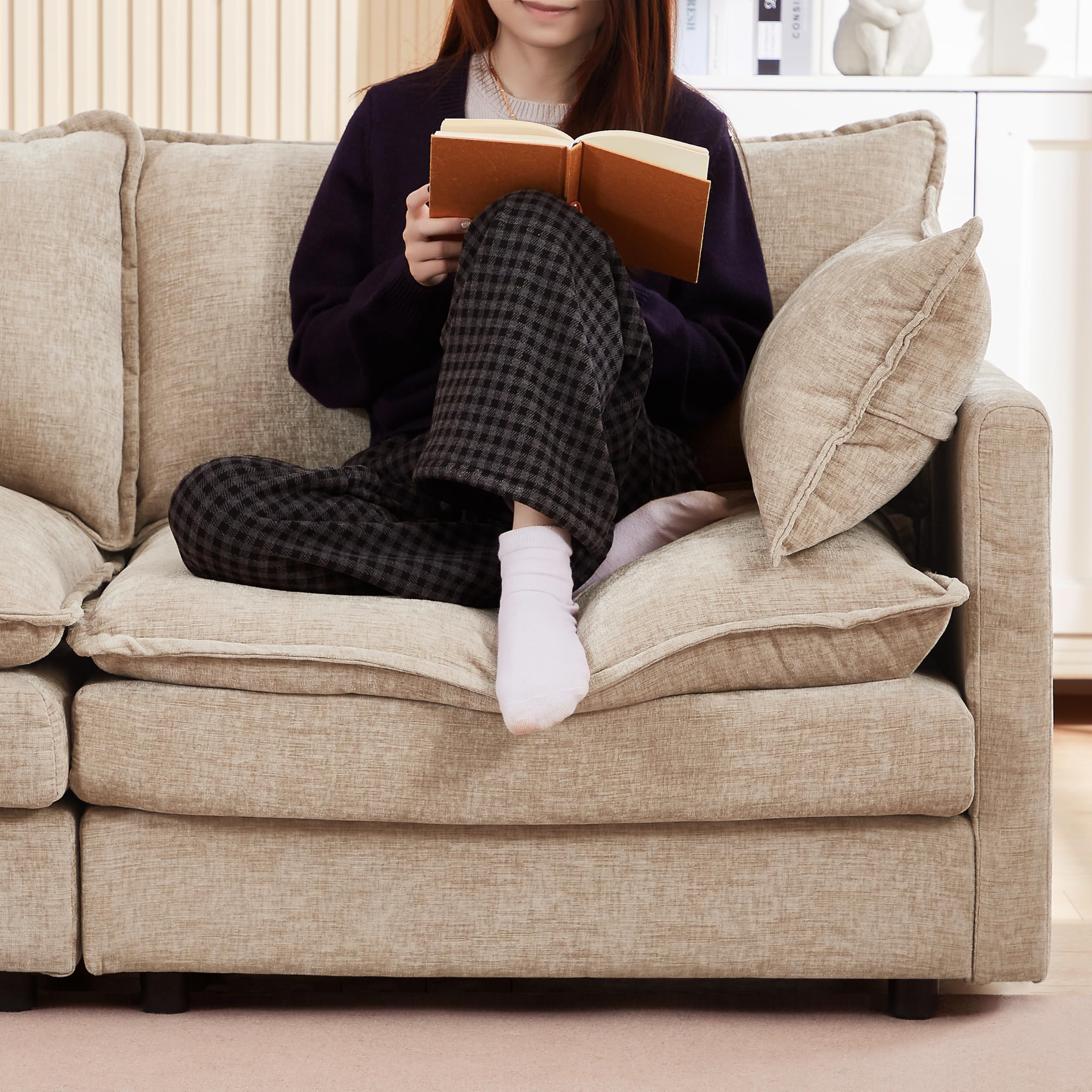 Pink Sectional Modular Sofa Cloud Couch, 105" Modern Convertible L-Shape Sofa Deep 3-Seater Soft Chenille Comfy Upholstered with Removeable Ottoman Set and Removable Cushions for Living Room