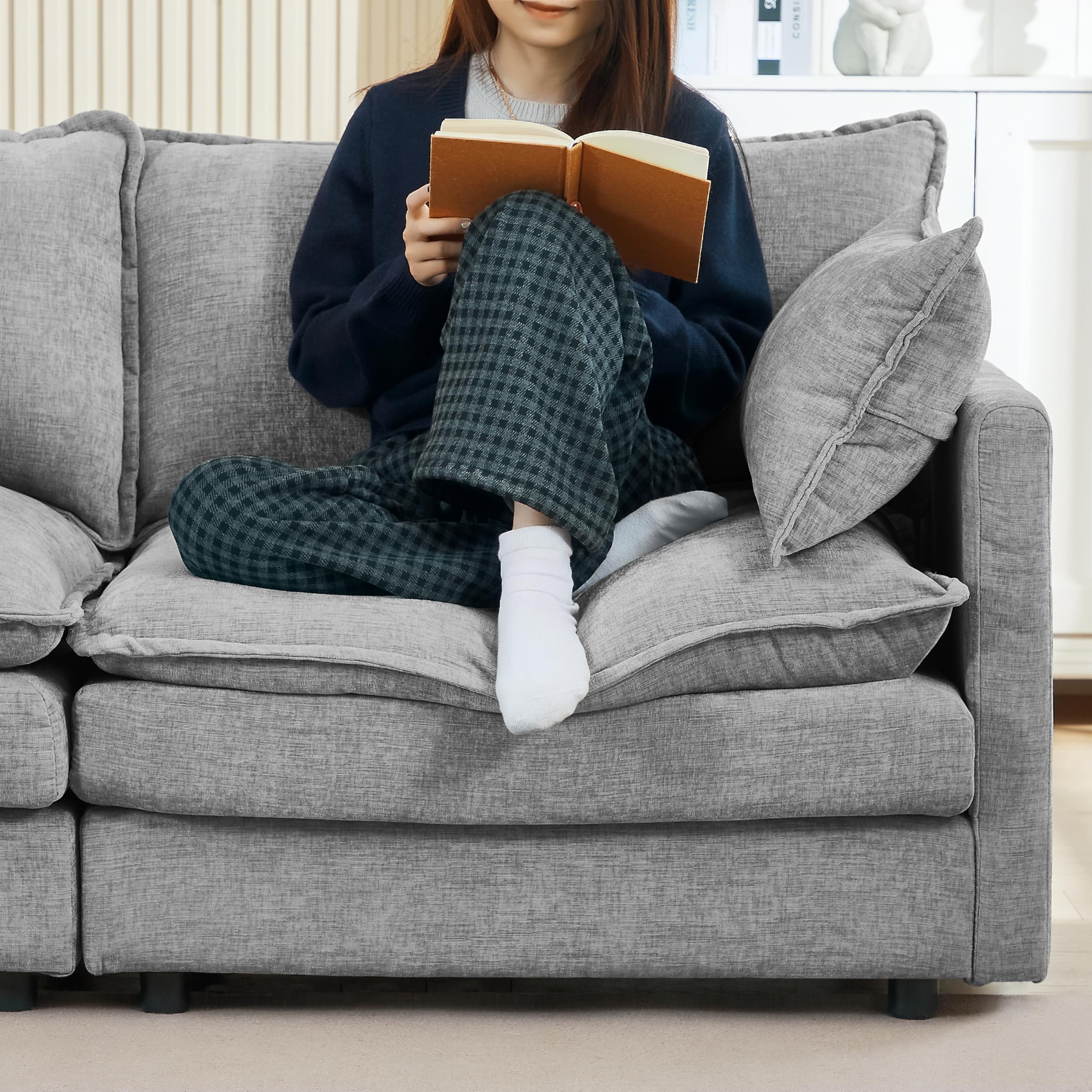 Pink Sectional Modular Sofa Cloud Couch, 105" Modern Convertible L-Shape Sofa Deep 3-Seater Soft Chenille Comfy Upholstered with Removeable Ottoman Set and Removable Cushions for Living Room