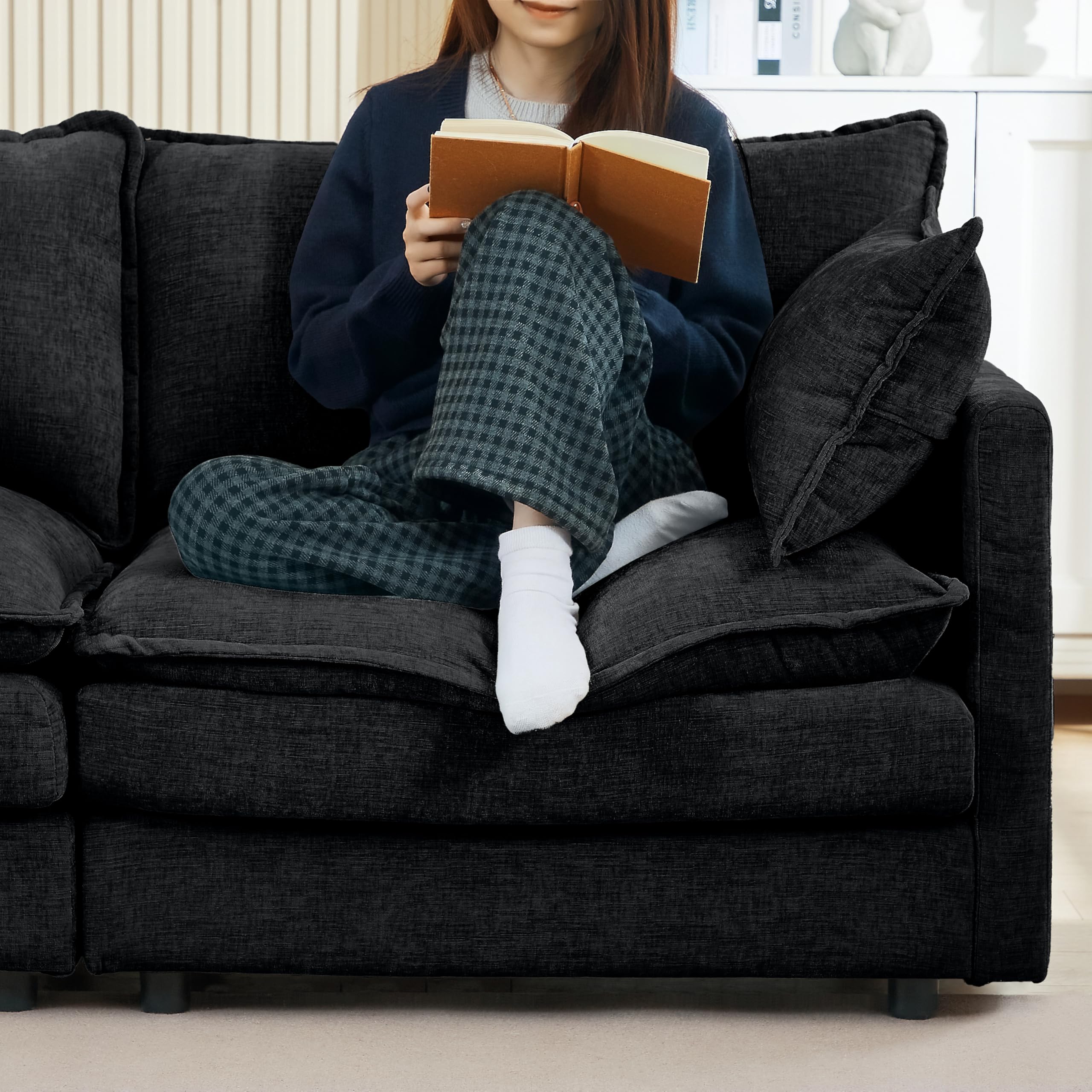 Pink Sectional Modular Sofa Cloud Couch, 105" Modern Convertible L-Shape Sofa Deep 3-Seater Soft Chenille Comfy Upholstered with Removeable Ottoman Set and Removable Cushions for Living Room