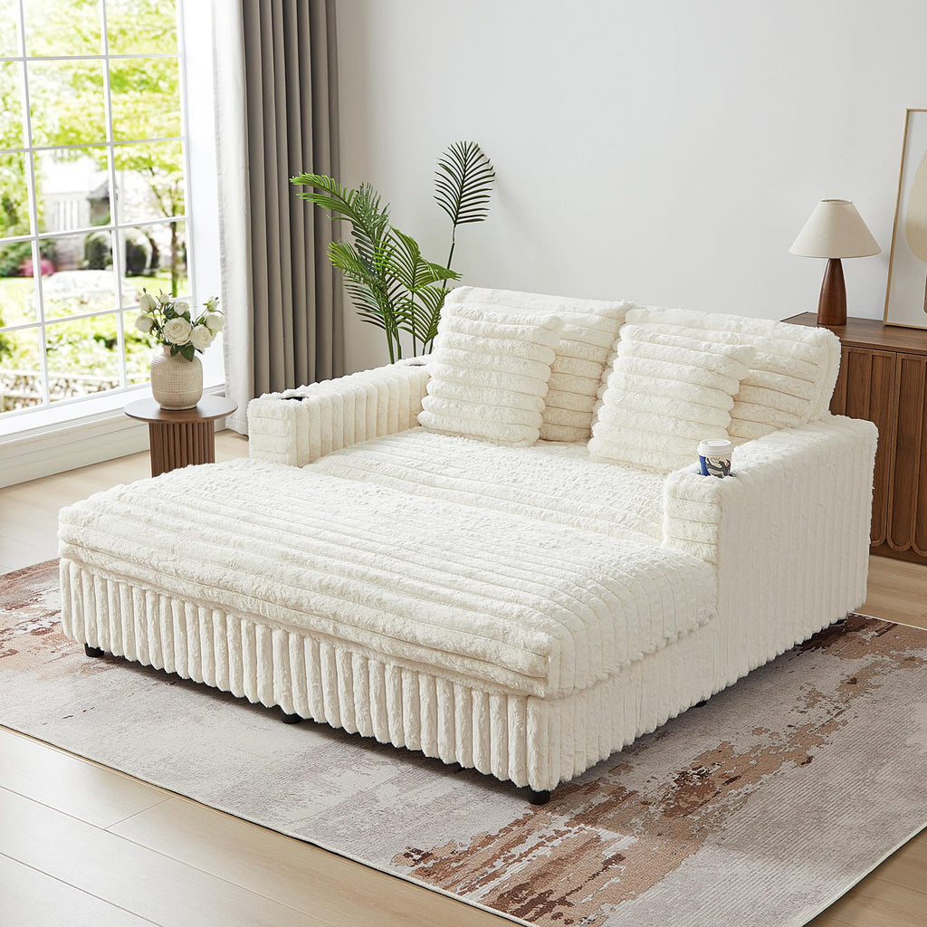 RARZOE 64'' Oversized Chaise Lounge Chair Indoor, Plush Faux Rabbit Fur Sleeper Sofa Bed with 4 Pillows, Charging Station & Cup Holders, Fluffy Comfy Cloud Couch Loveseat Sofa for Living Room,Pink