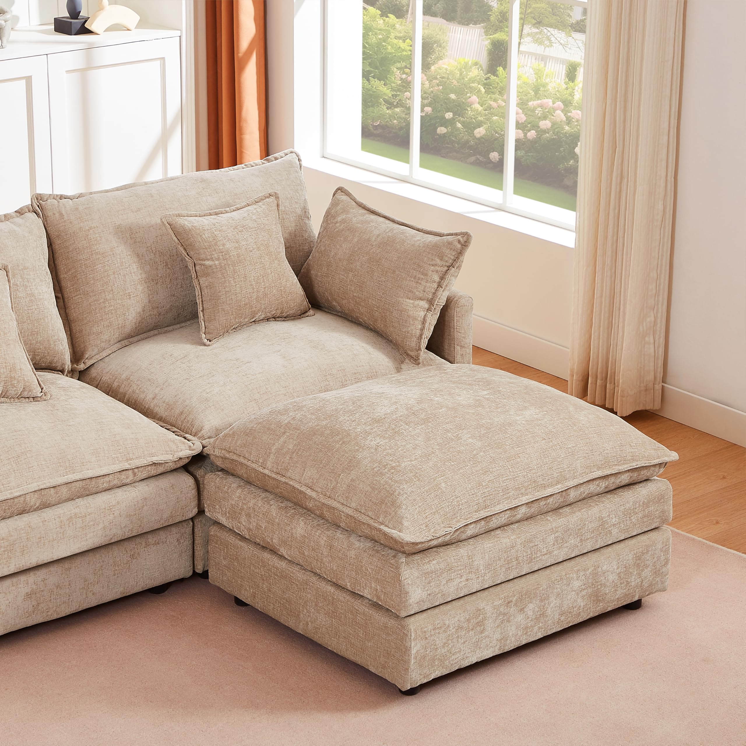 Pink Sectional Modular Sofa Cloud Couch, 105" Modern Convertible L-Shape Sofa Deep 3-Seater Soft Chenille Comfy Upholstered with Removeable Ottoman Set and Removable Cushions for Living Room