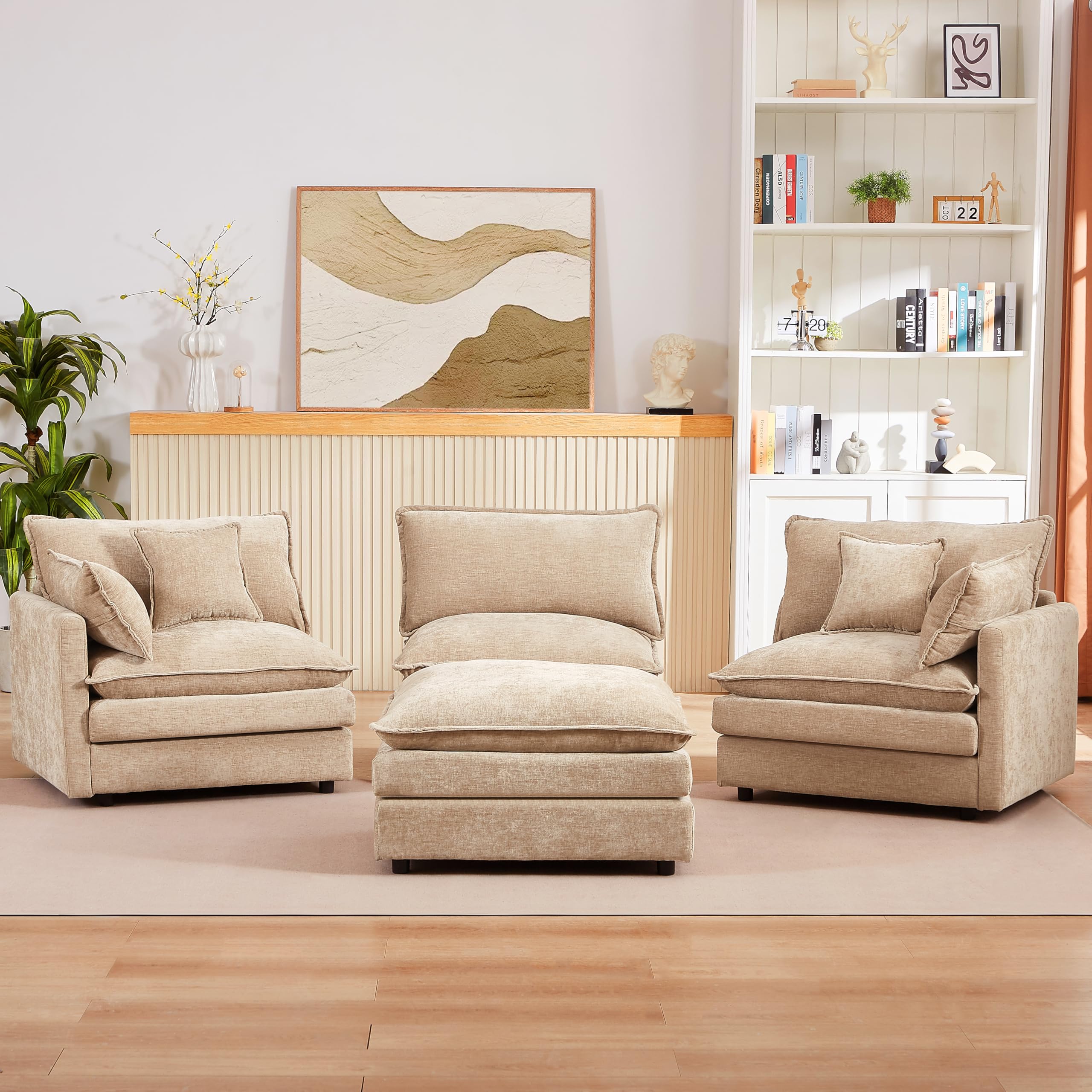 Pink Sectional Modular Sofa Cloud Couch, 105" Modern Convertible L-Shape Sofa Deep 3-Seater Soft Chenille Comfy Upholstered with Removeable Ottoman Set and Removable Cushions for Living Room