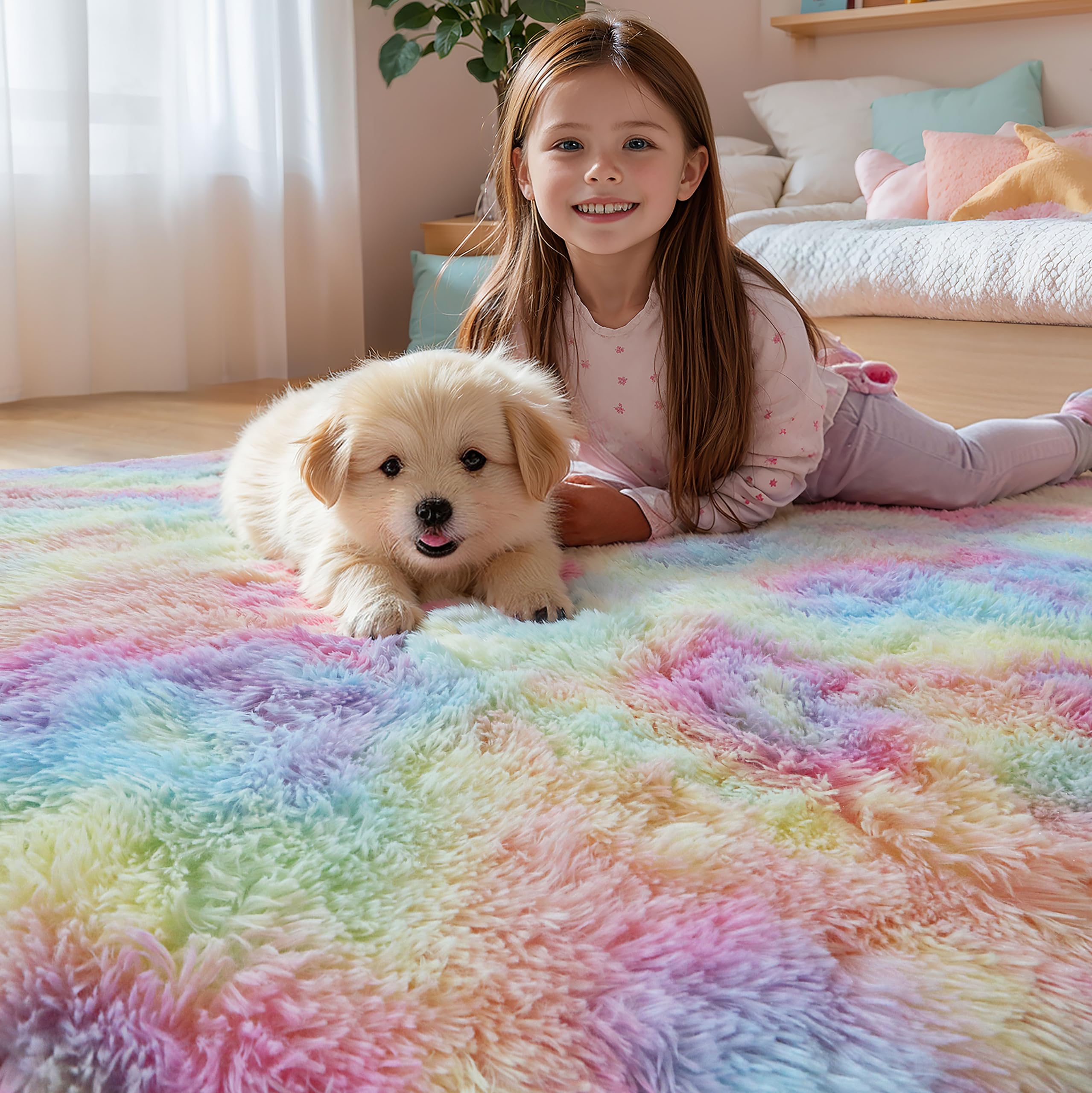 Pink Fluffy 4x6 Area Rugs for Bedoom Girls, Soft Washable Fuzzy Furry Shag Rug for Kids Room, Nursery, Dorm Decor, Cute Plush Carpet for Baby Toddler