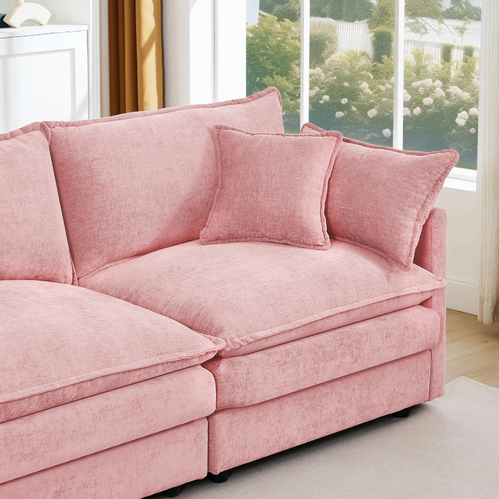 Pink Sectional Modular Sofa Cloud Couch, 105" Modern Convertible L-Shape Sofa Deep 3-Seater Soft Chenille Comfy Upholstered with Removeable Ottoman Set and Removable Cushions for Living Room