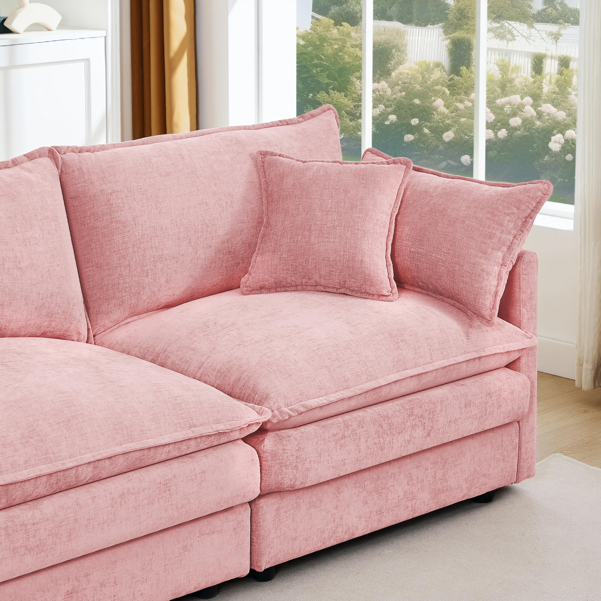 Pink Sectional Modular Sofa Cloud Couch, 105" Modern Convertible L-Shape Sofa Deep 3-Seater Soft Chenille Comfy Upholstered with Removeable Ottoman Set and Removable Cushions for Living Room