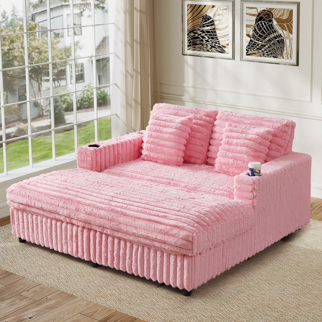 RARZOE 64'' Oversized Chaise Lounge Chair Indoor, Plush Faux Rabbit Fur Sleeper Sofa Bed with 4 Pillows, Charging Station & Cup Holders, Fluffy Comfy Cloud Couch Loveseat Sofa for Living Room,Pink