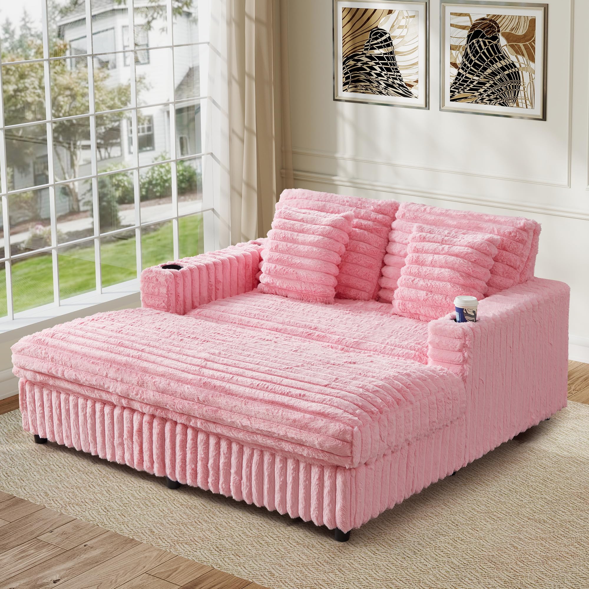 RARZOE 64'' Oversized Chaise Lounge Chair Indoor, Plush Faux Rabbit Fur Sleeper Sofa Bed with 4 Pillows, Charging Station & Cup Holders, Fluffy Comfy Cloud Couch Loveseat Sofa for Living Room,Pink