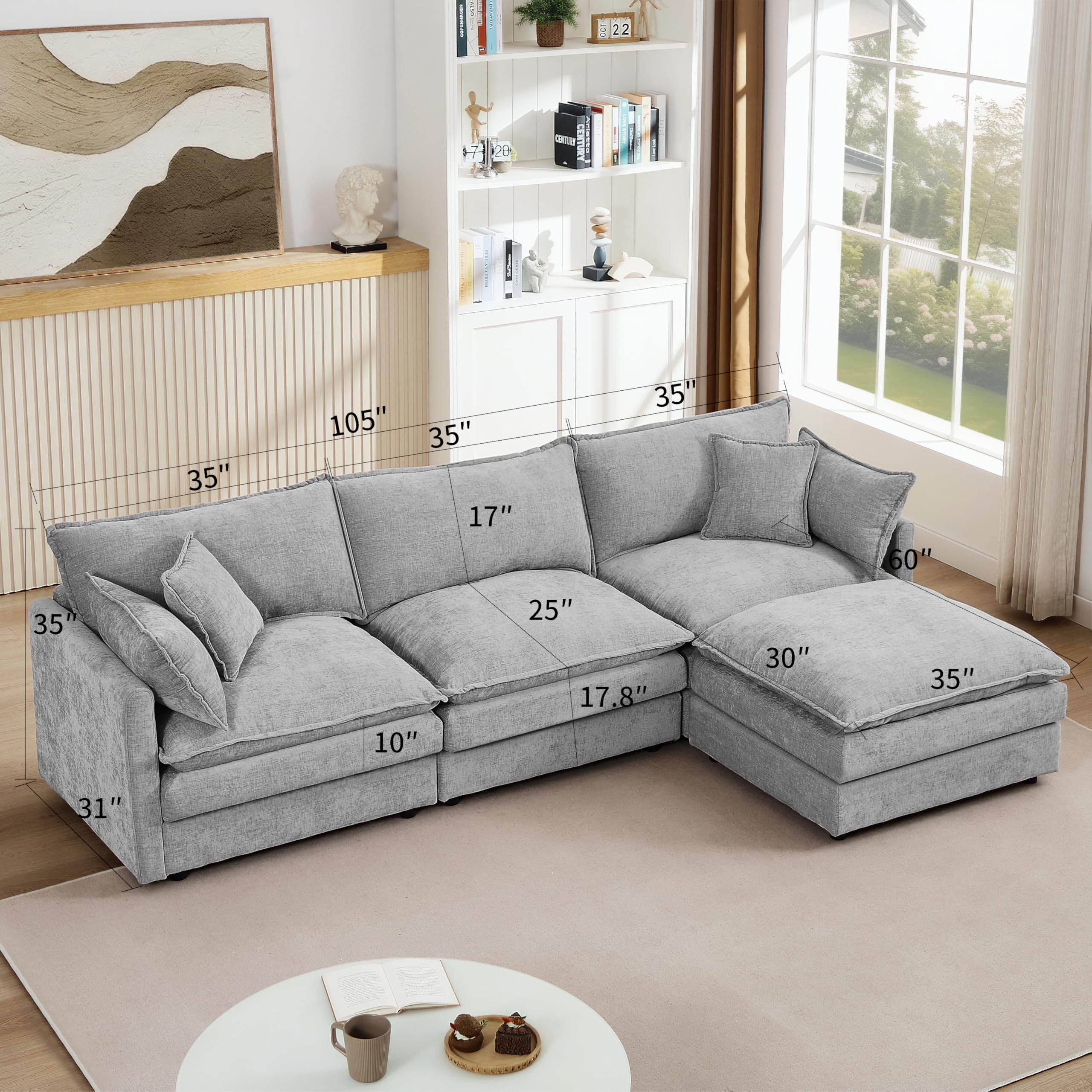 Pink Sectional Modular Sofa Cloud Couch, 105" Modern Convertible L-Shape Sofa Deep 3-Seater Soft Chenille Comfy Upholstered with Removeable Ottoman Set and Removable Cushions for Living Room