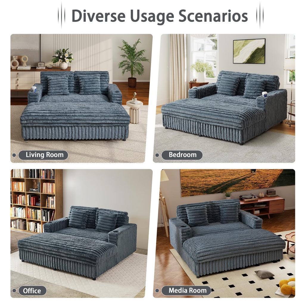 RARZOE 64'' Oversized Chaise Lounge Chair Indoor, Plush Faux Rabbit Fur Sleeper Sofa Bed with 4 Pillows, Charging Station & Cup Holders, Fluffy Comfy Cloud Couch Loveseat Sofa for Living Room,Pink