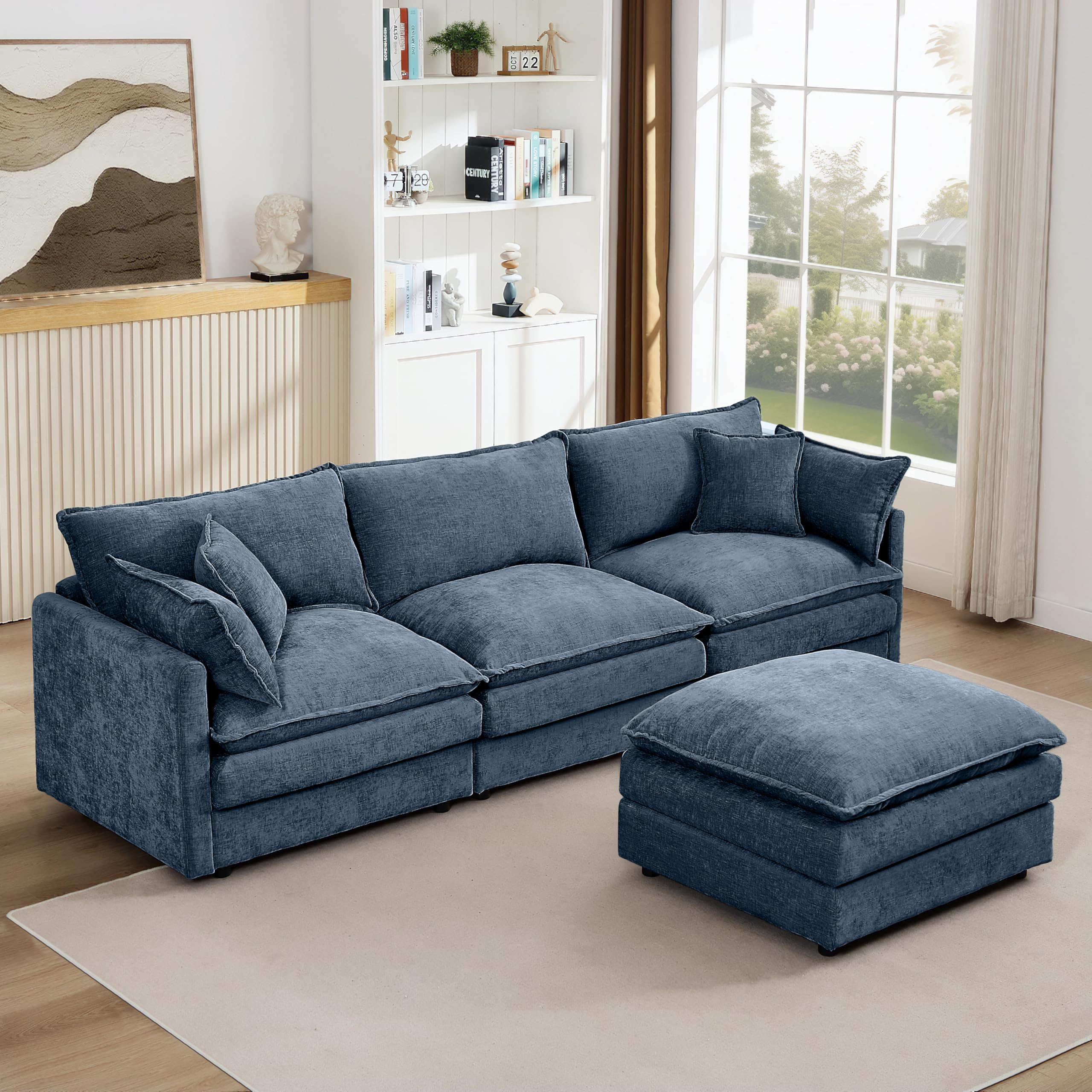 Pink Sectional Modular Sofa Cloud Couch, 105" Modern Convertible L-Shape Sofa Deep 3-Seater Soft Chenille Comfy Upholstered with Removeable Ottoman Set and Removable Cushions for Living Room