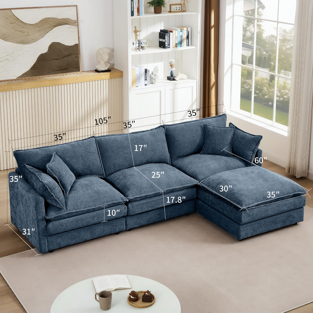 Pink Sectional Modular Sofa Cloud Couch, 105" Modern Convertible L-Shape Sofa Deep 3-Seater Soft Chenille Comfy Upholstered with Removeable Ottoman Set and Removable Cushions for Living Room