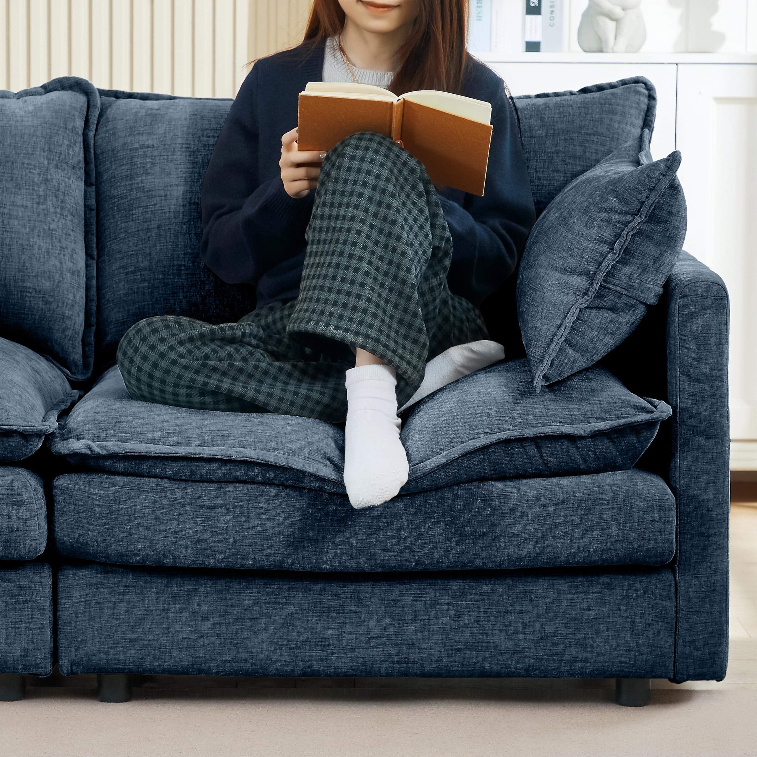 Pink Sectional Modular Sofa Cloud Couch, 105" Modern Convertible L-Shape Sofa Deep 3-Seater Soft Chenille Comfy Upholstered with Removeable Ottoman Set and Removable Cushions for Living Room