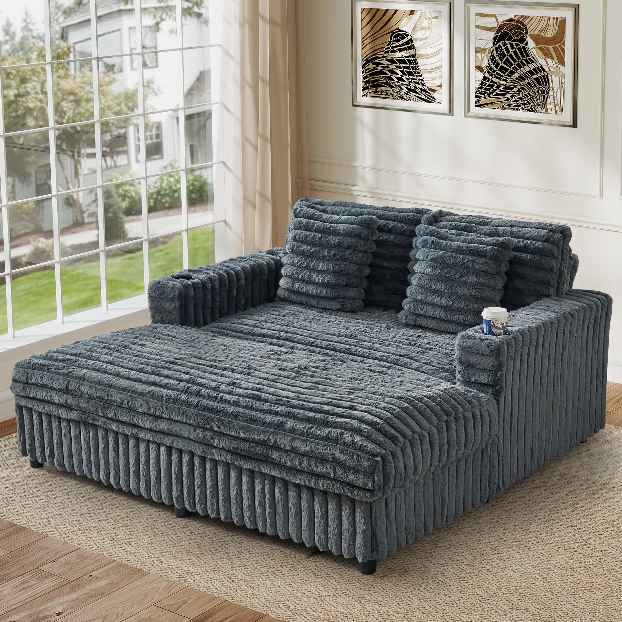 RARZOE 64'' Oversized Chaise Lounge Chair Indoor, Plush Faux Rabbit Fur Sleeper Sofa Bed with 4 Pillows, Charging Station & Cup Holders, Fluffy Comfy Cloud Couch Loveseat Sofa for Living Room,Pink