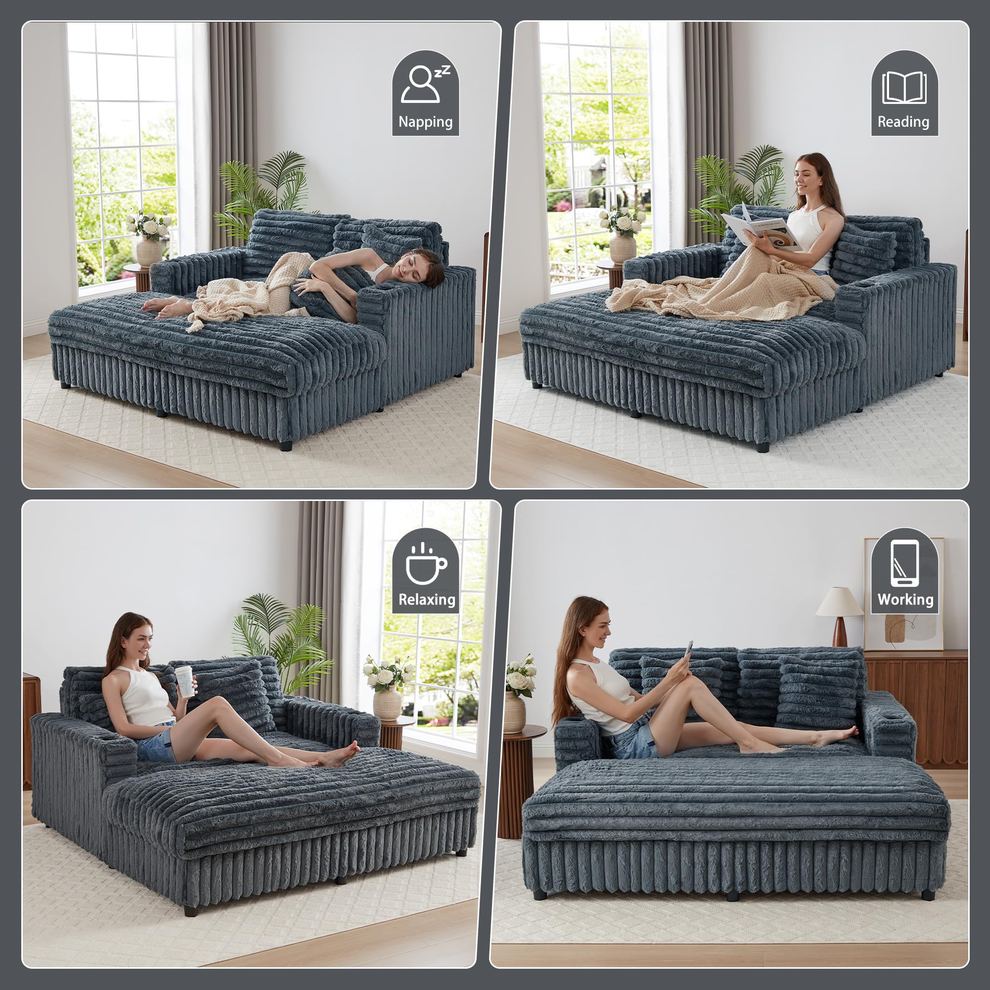 RARZOE 64'' Oversized Chaise Lounge Chair Indoor, Plush Faux Rabbit Fur Sleeper Sofa Bed with 4 Pillows, Charging Station & Cup Holders, Fluffy Comfy Cloud Couch Loveseat Sofa for Living Room,Pink