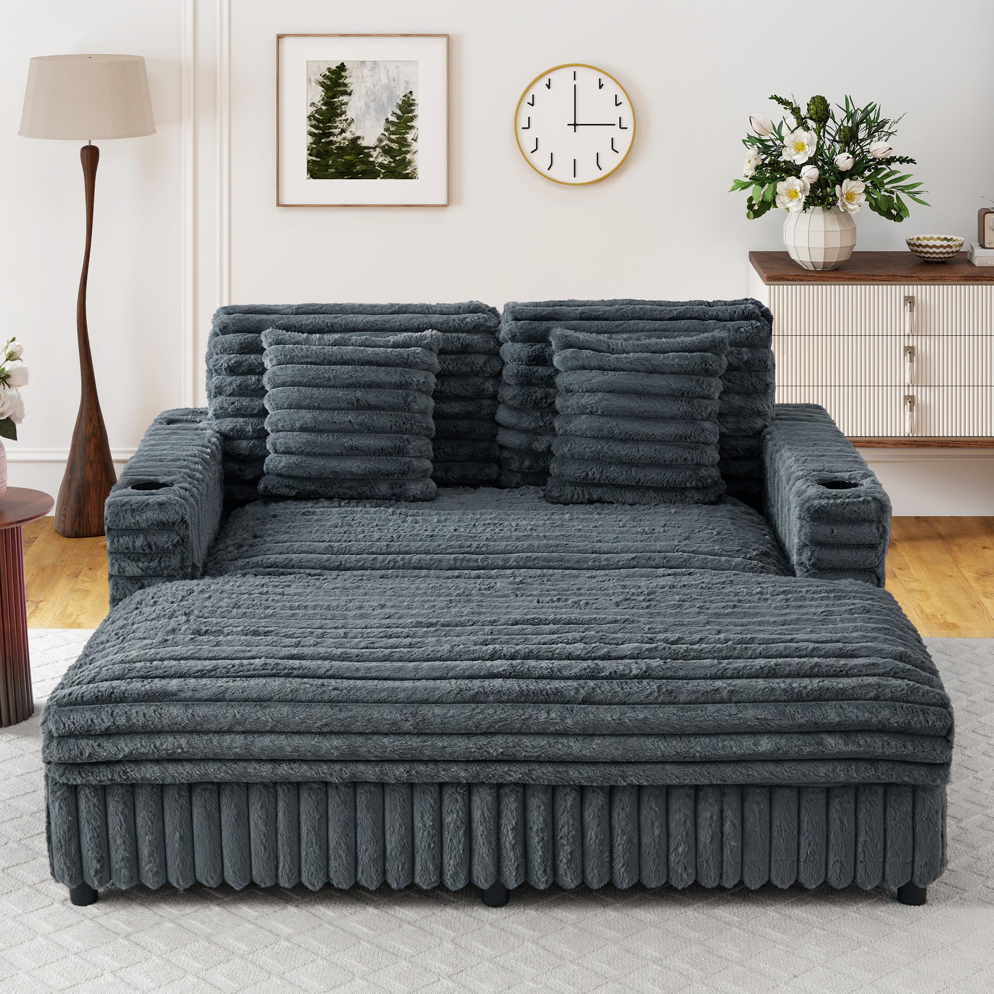 RARZOE 64'' Oversized Chaise Lounge Chair Indoor, Plush Faux Rabbit Fur Sleeper Sofa Bed with 4 Pillows, Charging Station & Cup Holders, Fluffy Comfy Cloud Couch Loveseat Sofa for Living Room,Pink