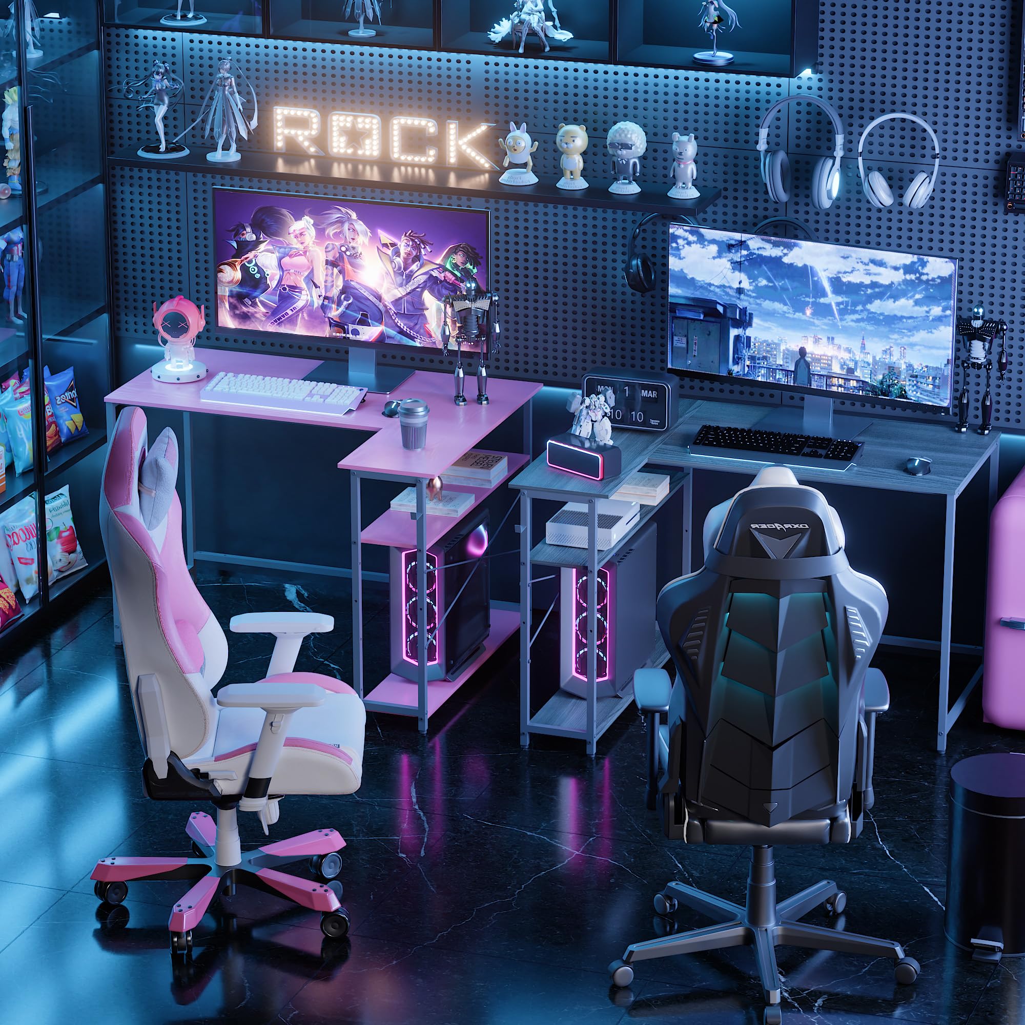 Pamray 43 Inch L Shaped Computer Desk with Reversible Side Storage Shelves, Small Corner Desk for Small Space Home Office,Writing Study Table PC Desk for Bedroom,Pink with White Leg