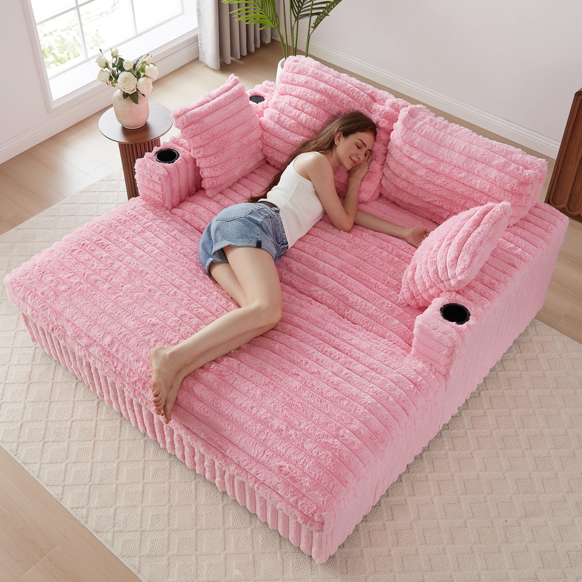 RARZOE 64'' Oversized Chaise Lounge Chair Indoor, Plush Faux Rabbit Fur Sleeper Sofa Bed with 4 Pillows, Charging Station & Cup Holders, Fluffy Comfy Cloud Couch Loveseat Sofa for Living Room,Pink