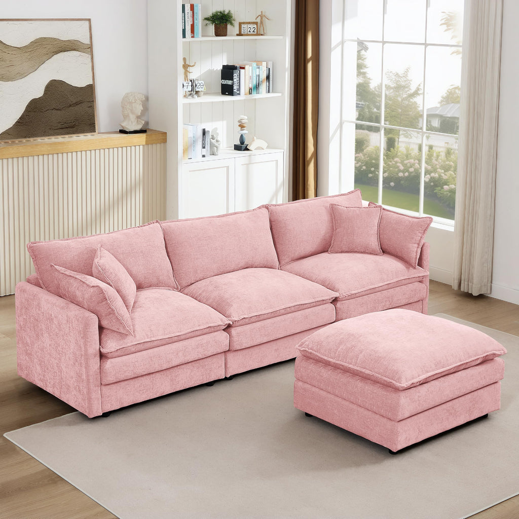 Pink Sectional Modular Sofa Cloud Couch, 105" Modern Convertible L-Shape Sofa Deep 3-Seater Soft Chenille Comfy Upholstered with Removeable Ottoman Set and Removable Cushions for Living Room