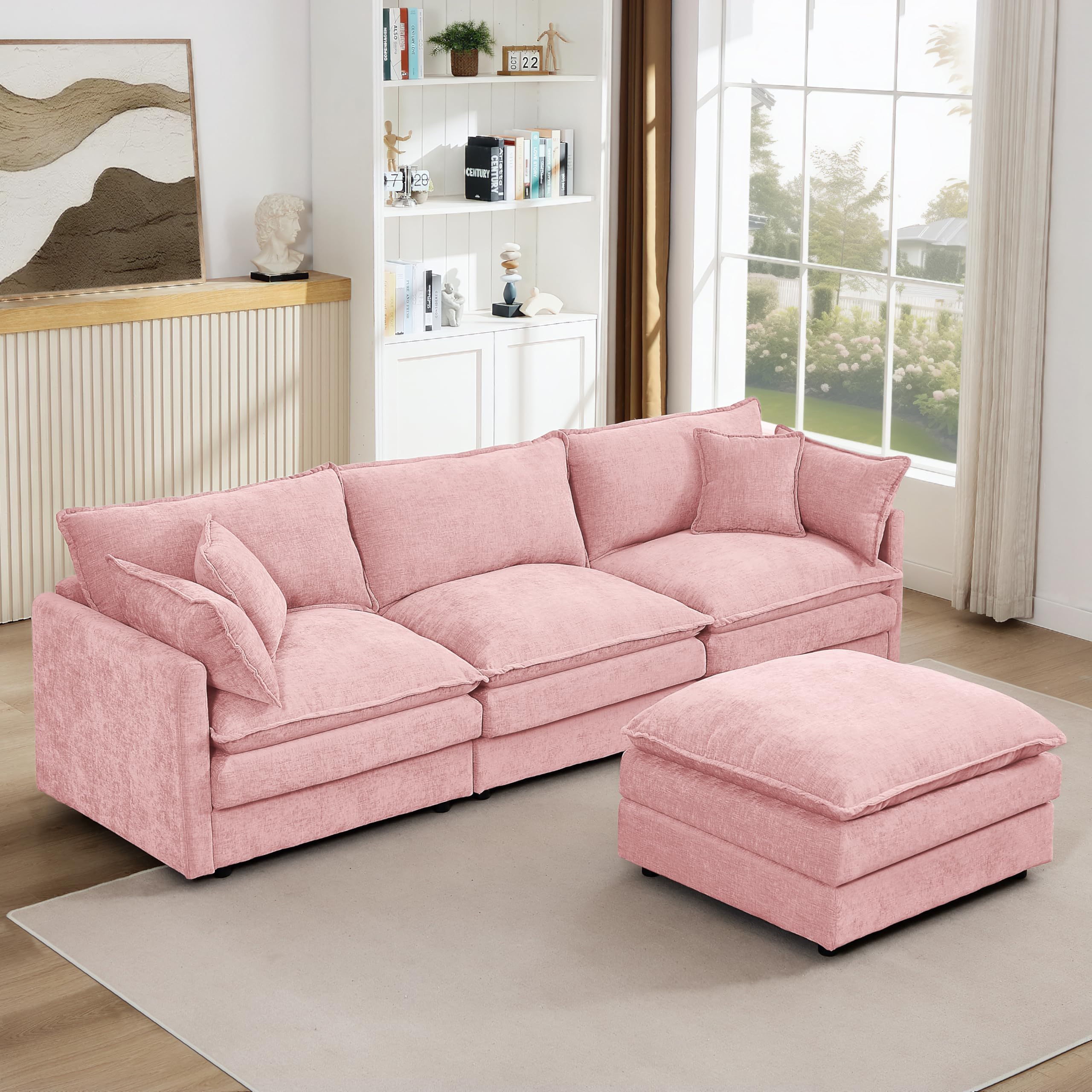 Pink Sectional Modular Sofa Cloud Couch, 105" Modern Convertible L-Shape Sofa Deep 3-Seater Soft Chenille Comfy Upholstered with Removeable Ottoman Set and Removable Cushions for Living Room