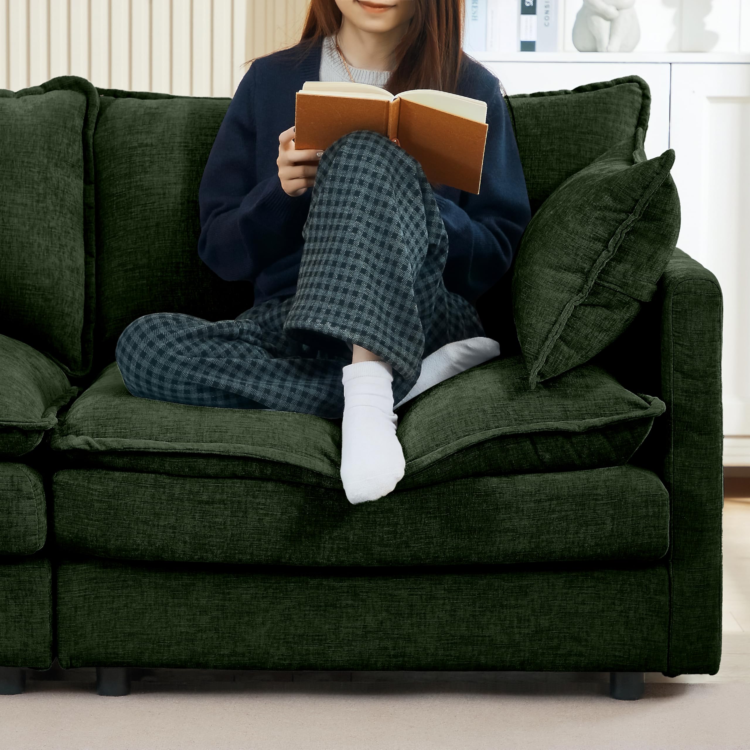 Pink Sectional Modular Sofa Cloud Couch, 105" Modern Convertible L-Shape Sofa Deep 3-Seater Soft Chenille Comfy Upholstered with Removeable Ottoman Set and Removable Cushions for Living Room