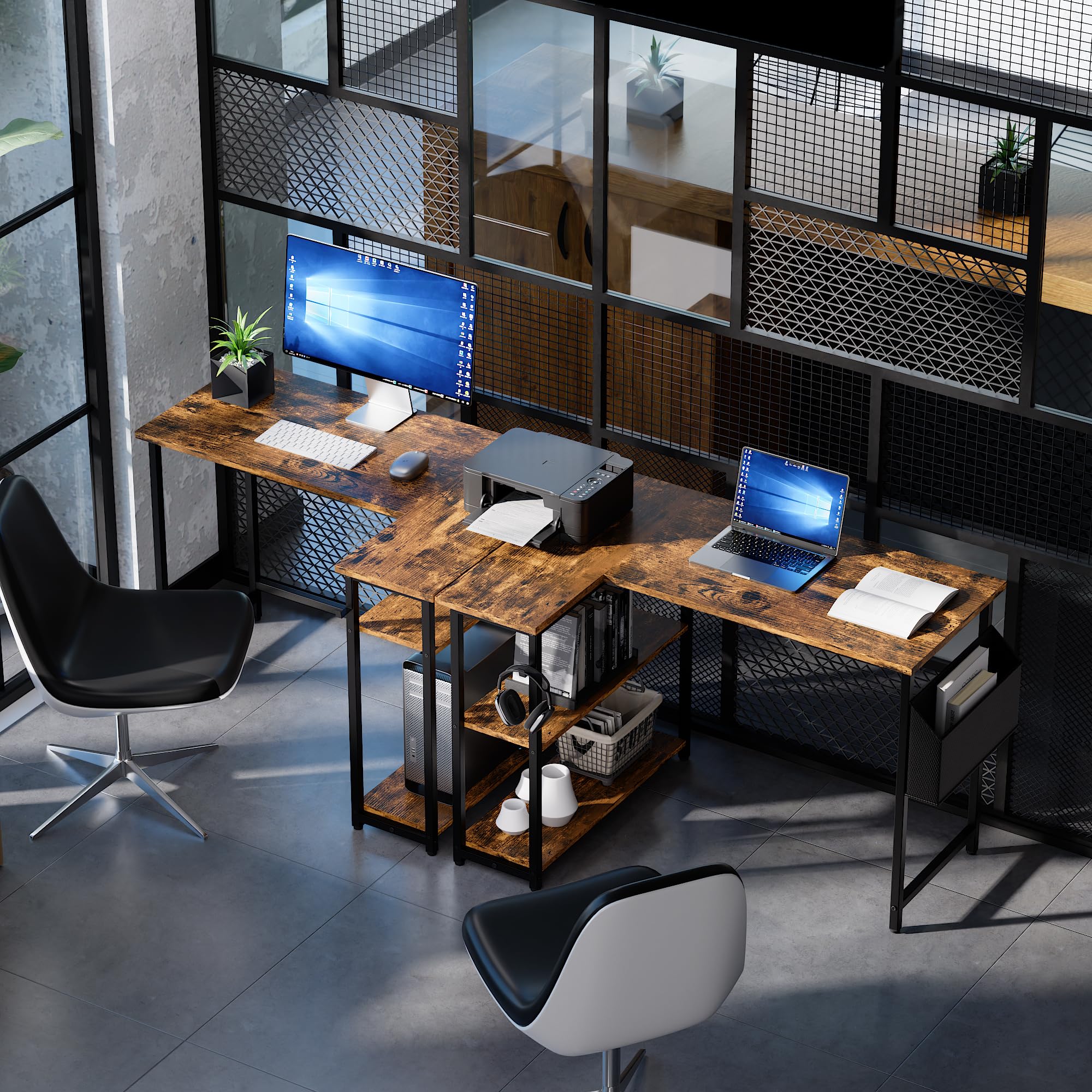 Pamray 43 Inch L Shaped Computer Desk with Reversible Side Storage Shelves, Small Corner Desk for Small Space Home Office,Writing Study Table PC Desk for Bedroom,Pink with White Leg