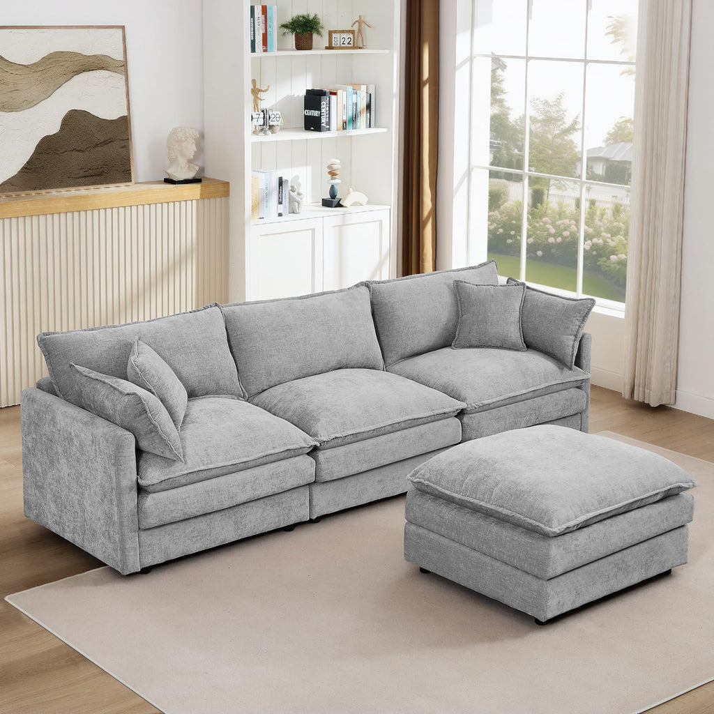 Pink Sectional Modular Sofa Cloud Couch, 105" Modern Convertible L-Shape Sofa Deep 3-Seater Soft Chenille Comfy Upholstered with Removeable Ottoman Set and Removable Cushions for Living Room